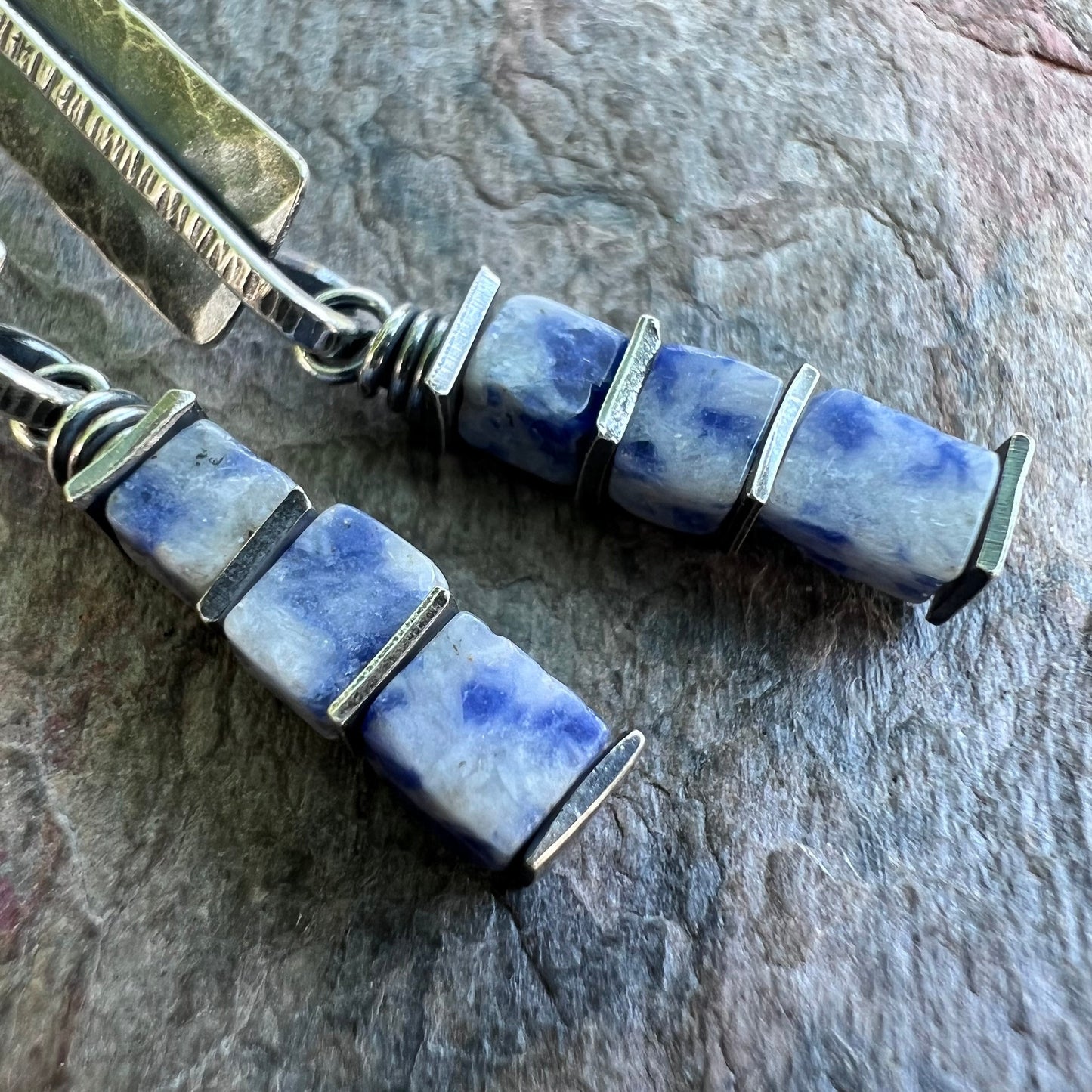 Lapis Lazuli Sterling Silver Earrings - Lapis Lazuli Cubes on Hammered Sterling Silver Rectangles
