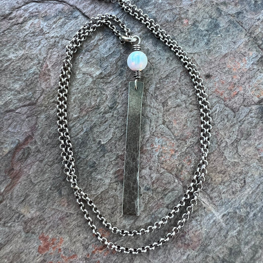Sterling Silver Opal Necklace - Simulated Opal and Long Hammered Bar Pendant on Sterling Silver Chain