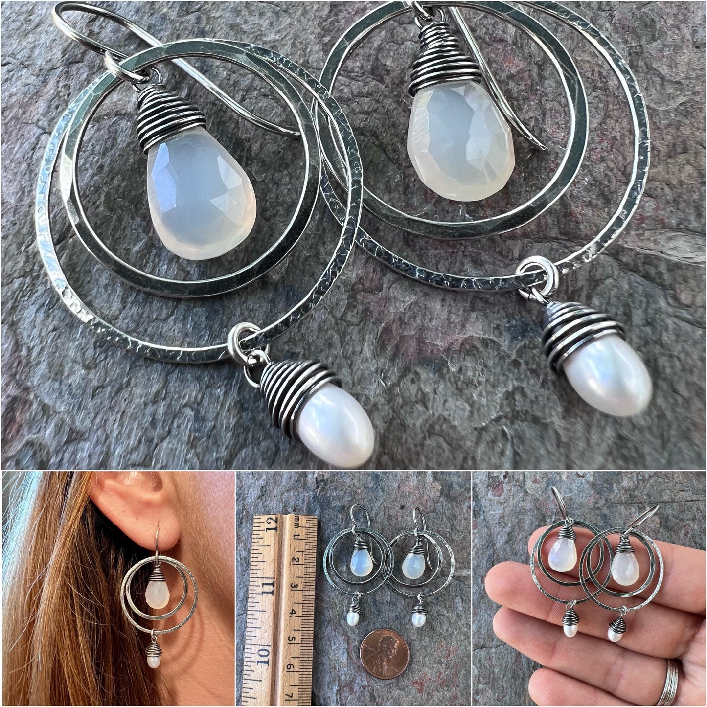 Pearl and Chalcedony Sterling Silver Earrings - Wire-Wrapped Pearls and Chalcedony Teardrops Earrings