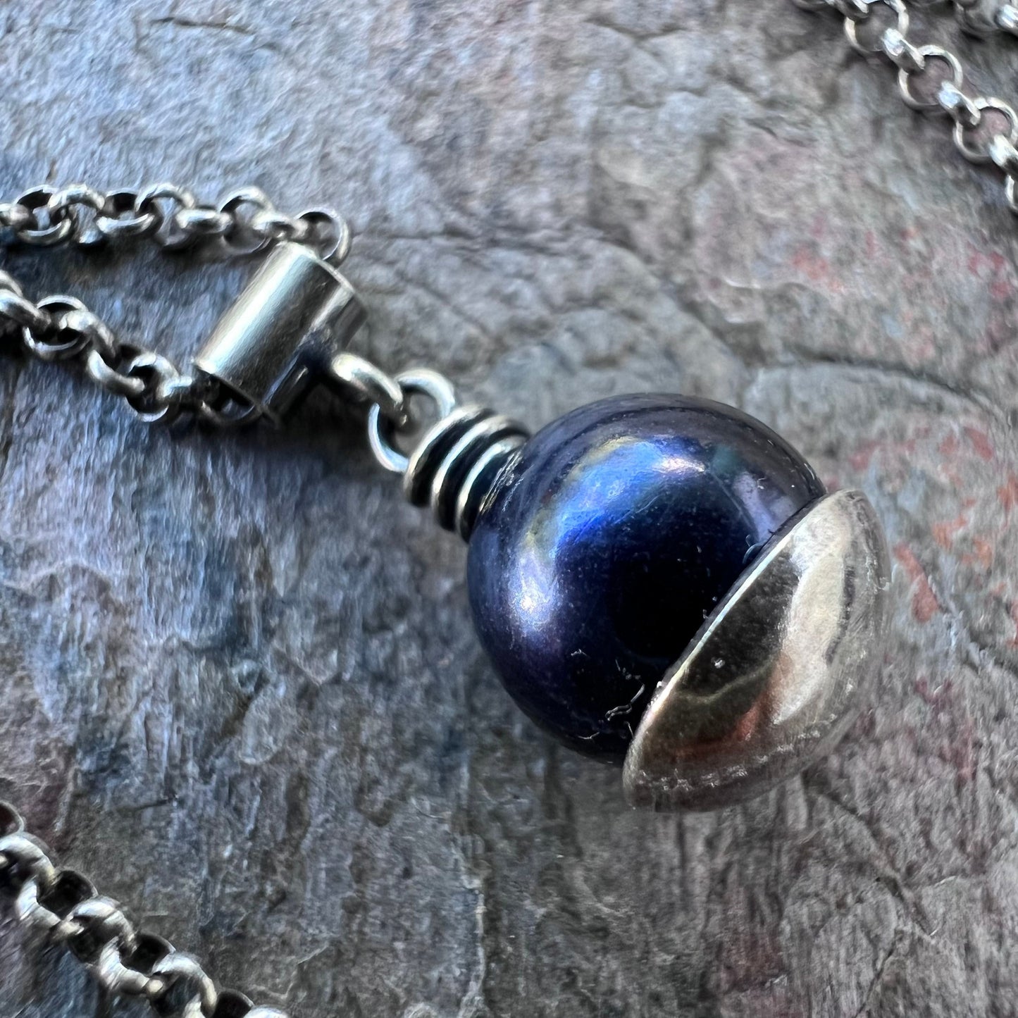 Black Pearl and Sterling Silver Necklace - Genuine Pearl Pendant on Sterling Silver Chain