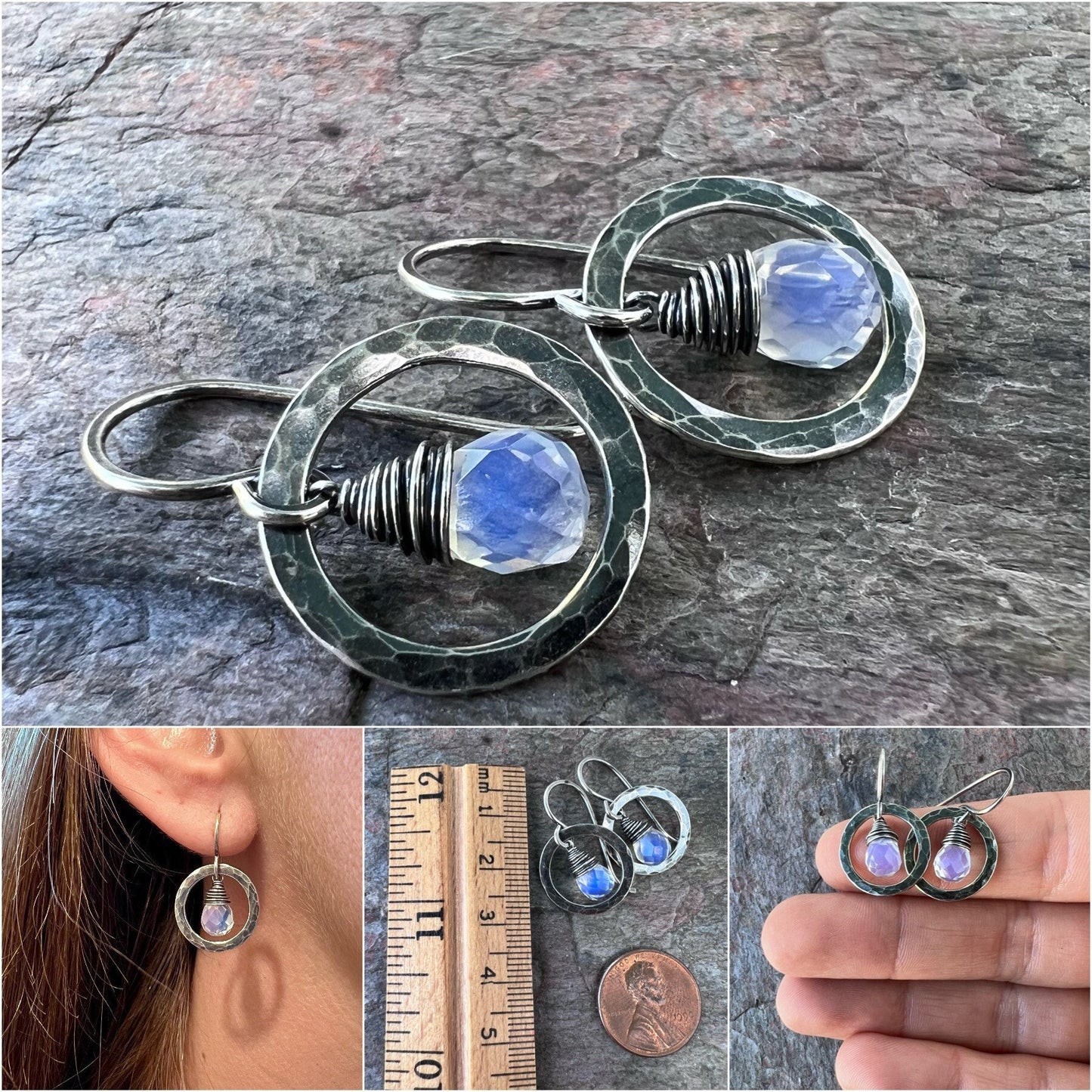 Opalite Sterling Silver Earrings - Faceted Opalite Teardrops in Handmade Hammered Silver