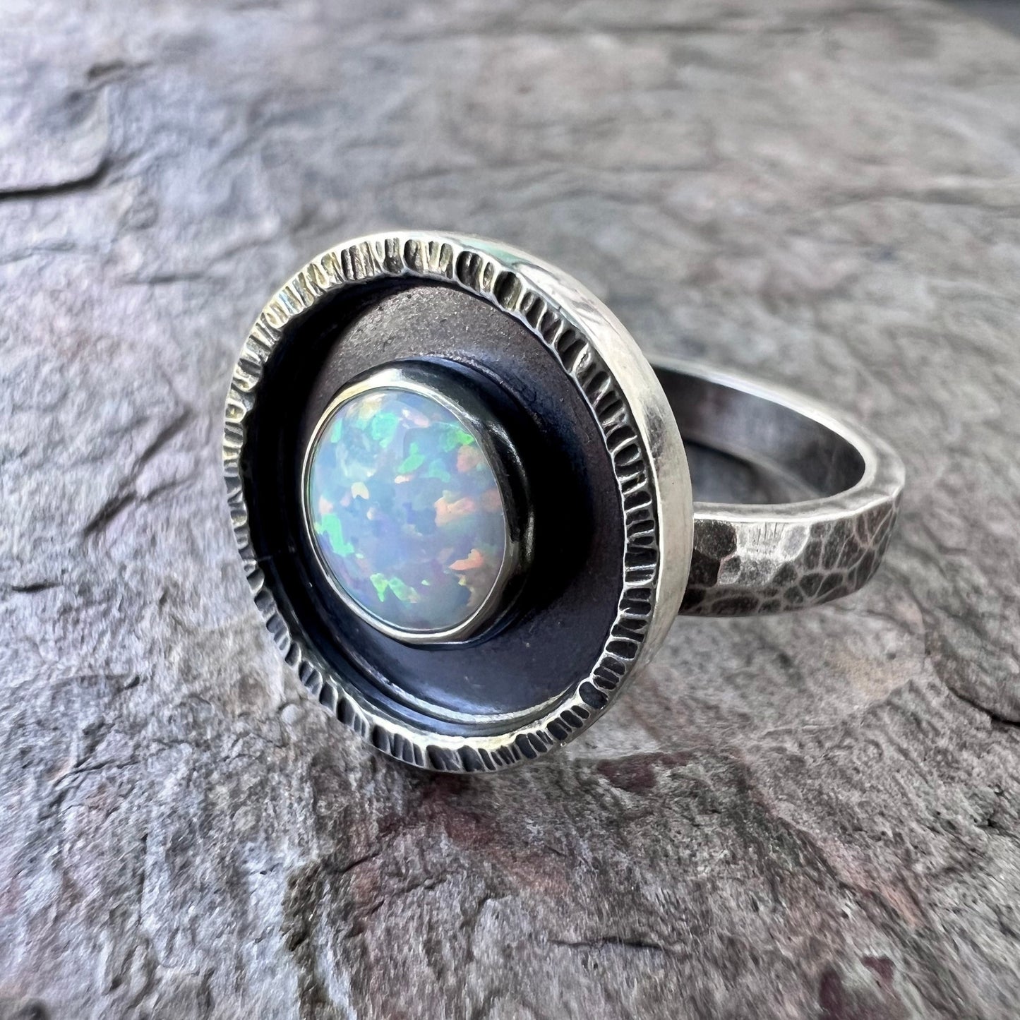 Opal Sterling Silver Ring - Handmade Simulated Opal Cabochon Sterling Silver Ring - Size 8