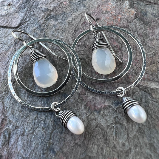 Sterling Silver Pearl and Chalcedony Earrings - Genuine Pearls and Chalcedony Teardrops Hammered Silver Dangle Earrings