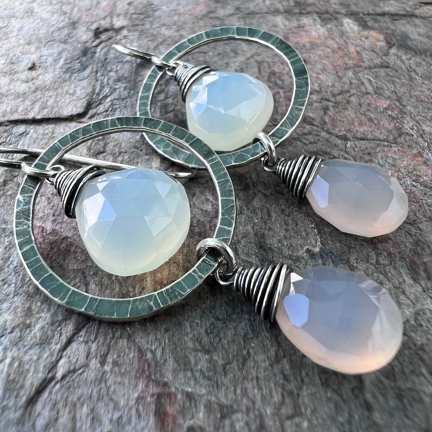 Sterling Silver Chalcedony Earrings - Natural Chalcedony and Hammered Silver Rings Earrings