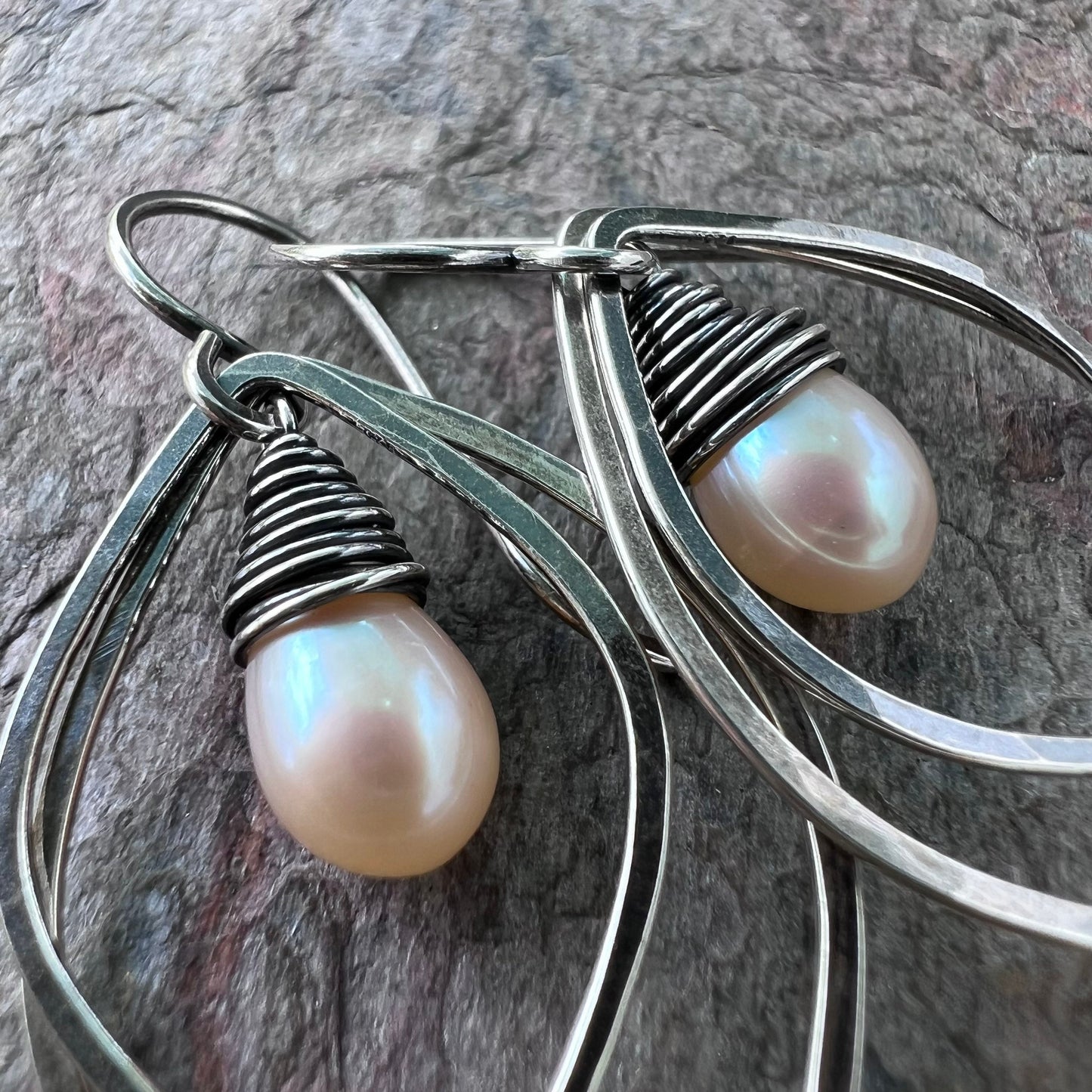 Pearl and Sterling Silver Earrings - Wire-Wrapped Pearls inside textured Petals on Handmade Sterling Silver Earwires