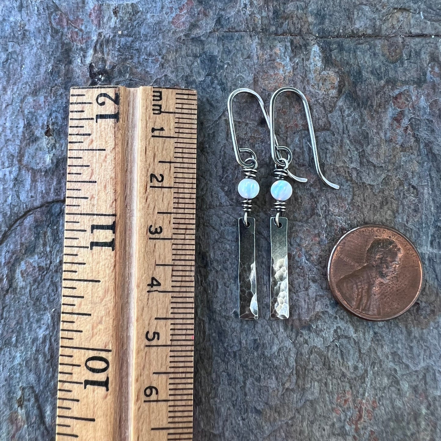 Sterling Silver Opal Earrings - Simulated Opal and Hammered Bar Dangle Earrings