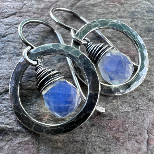Opalite Sterling Silver Earrings - Faceted Opalite Teardrops in Handmade Hammered Silver