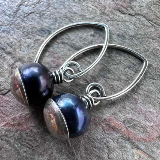 Black Pearl Sterling Silver Earrings - Genuine Pearls on Handmade Sterling Silver Earwires
