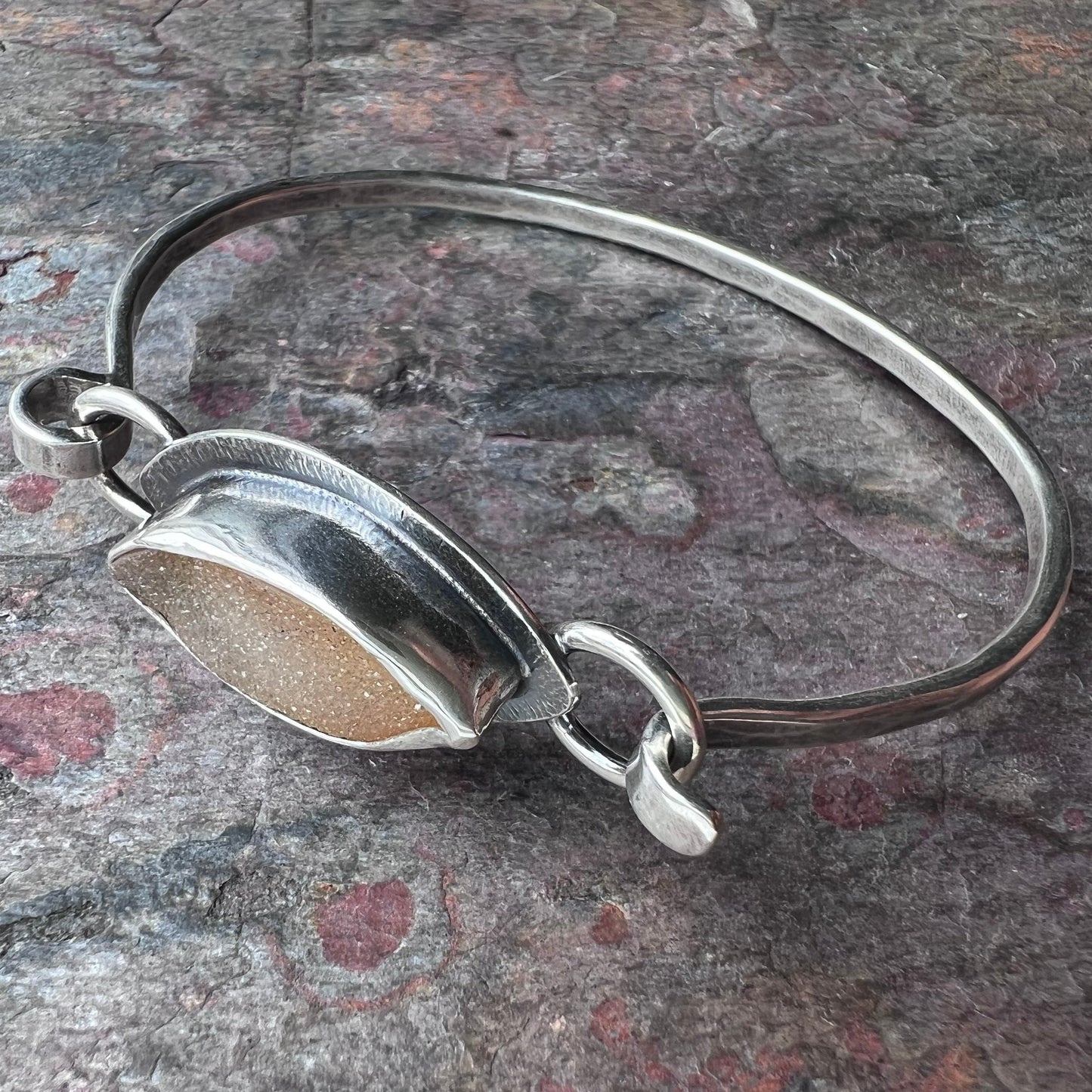 Druzy Sterling Silver Bracelet - One-of-a-kind Agate Druzy Hinged Tension Cuff Bracelet