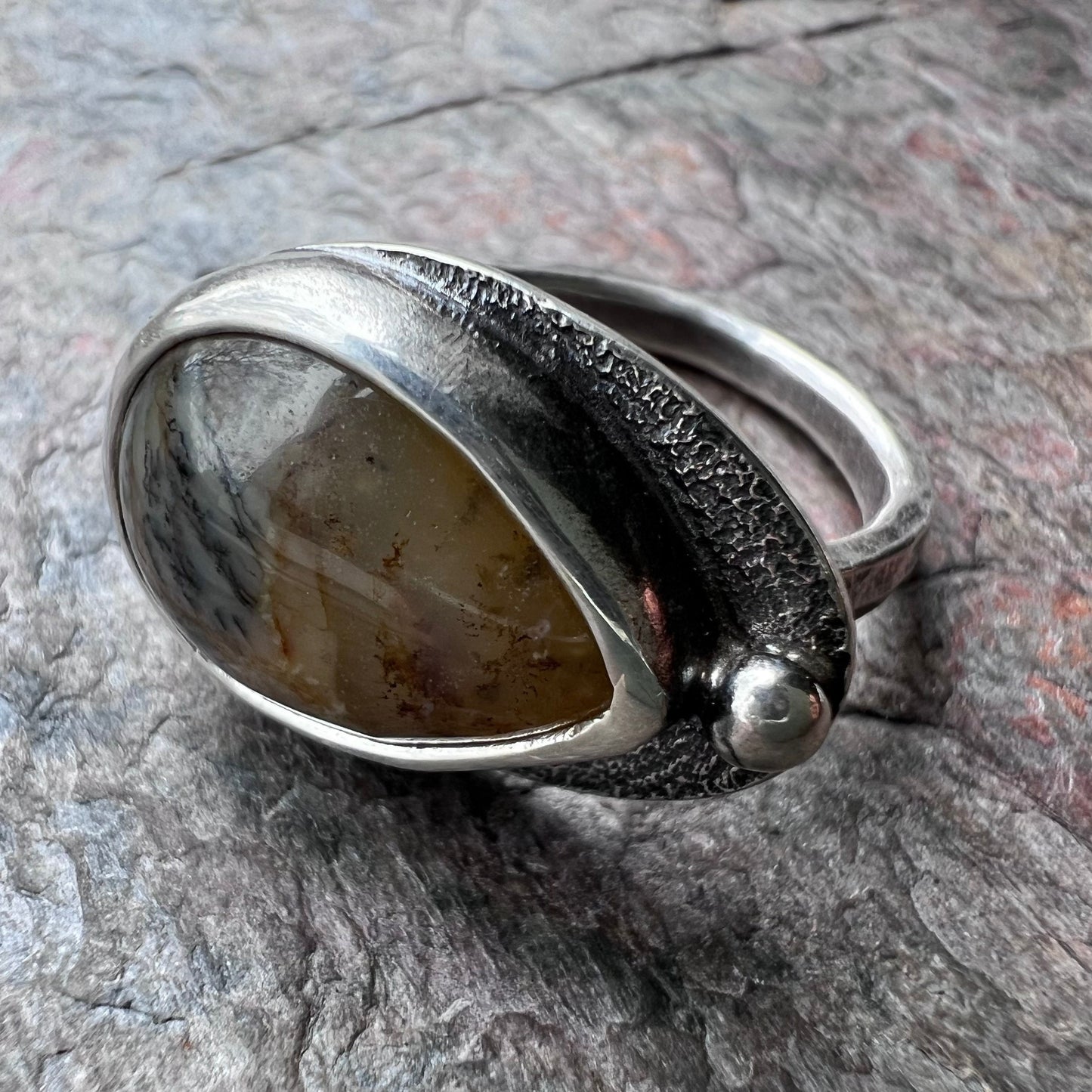 Yellow Opal Sterling Silver Ring - Handmade One-of-a-kind Genuine Yellow Opal Cabochon on Hammered Sterling Silver Band