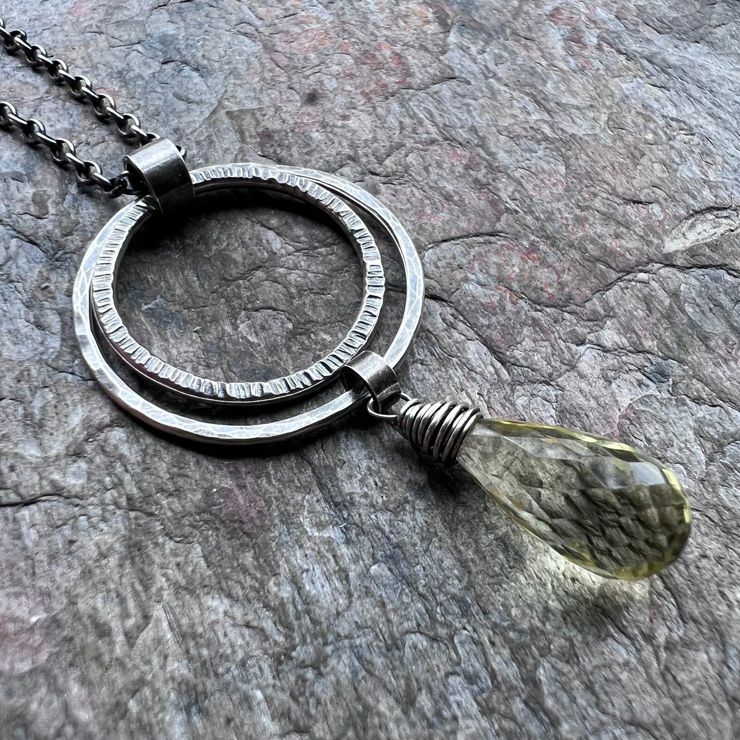 Sterling Silver Lemon Topaz Necklace - Genuine Lemon Topaz and Hammered Rings Pendant on Sterling Silver Chain - Handmade Jewelry