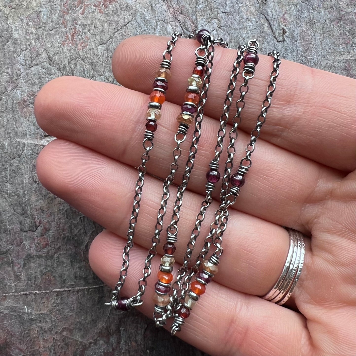 Garnet, Lemon Topaz, Carnelian, and Citrine Long Sterling Silver Necklace