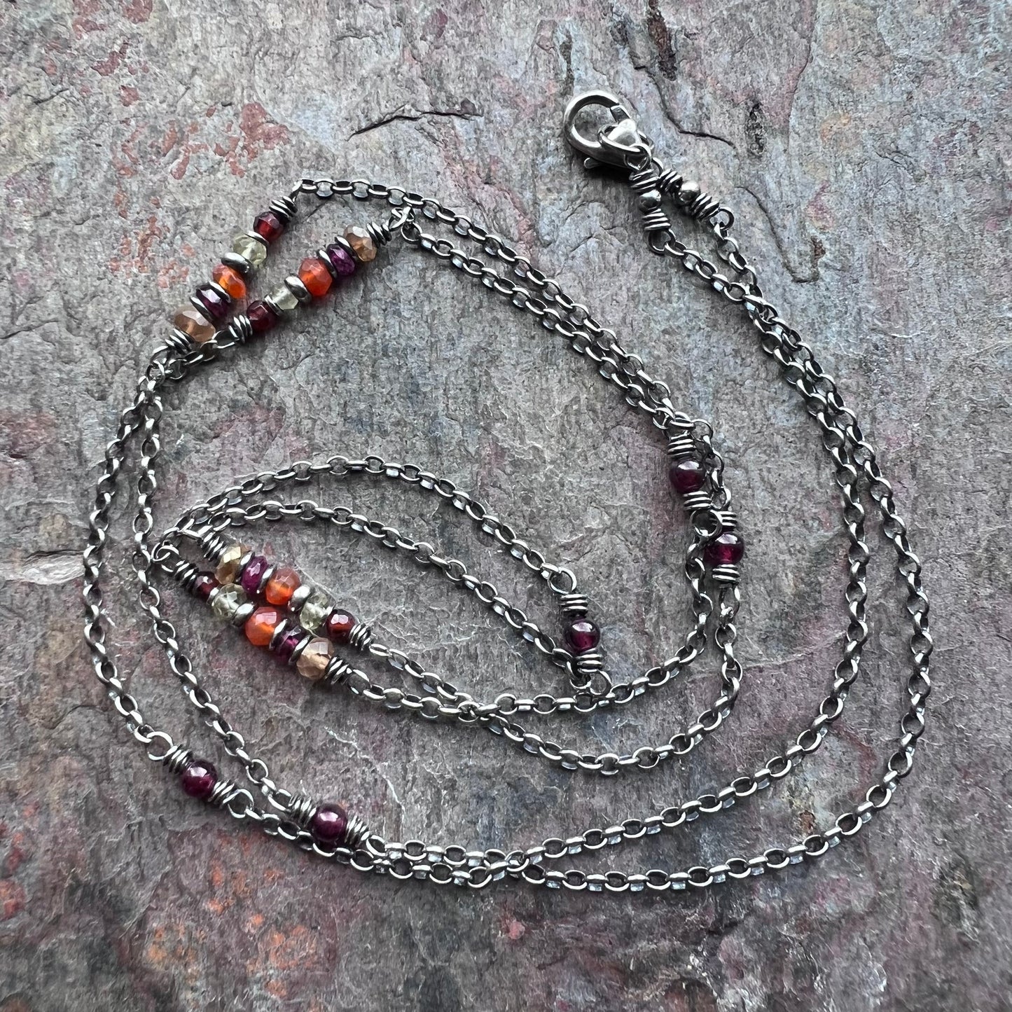 Garnet, Lemon Topaz, Carnelian, and Citrine Long Sterling Silver Necklace