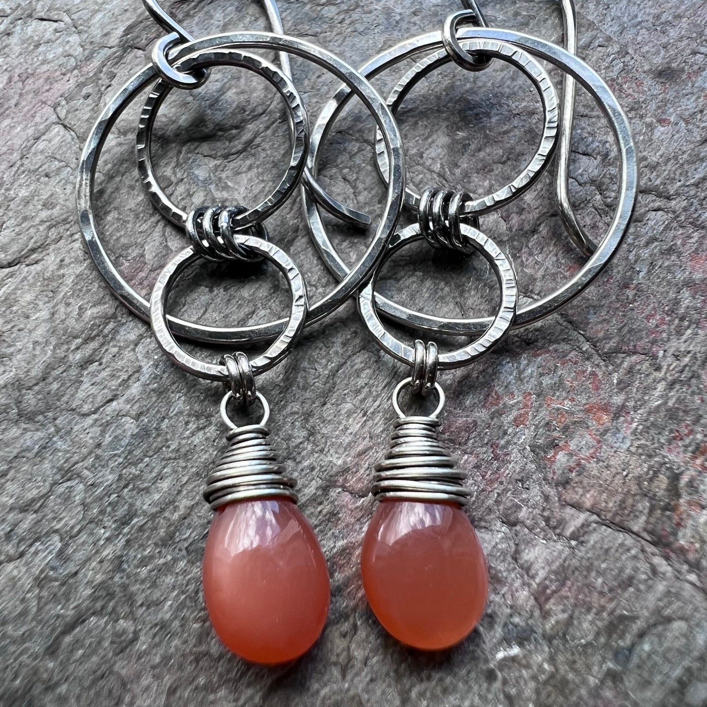 Peach Moonstone Sterling Silver Earrings - Peach Moonstone Teardrops and Hammered Circles on Sterling Silver Earwires
