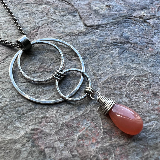 Peach Moonstone Sterling Silver Necklace - Peach Moonstone Teardrop and Hammered Circles Pendant on Sterling Silver Chain