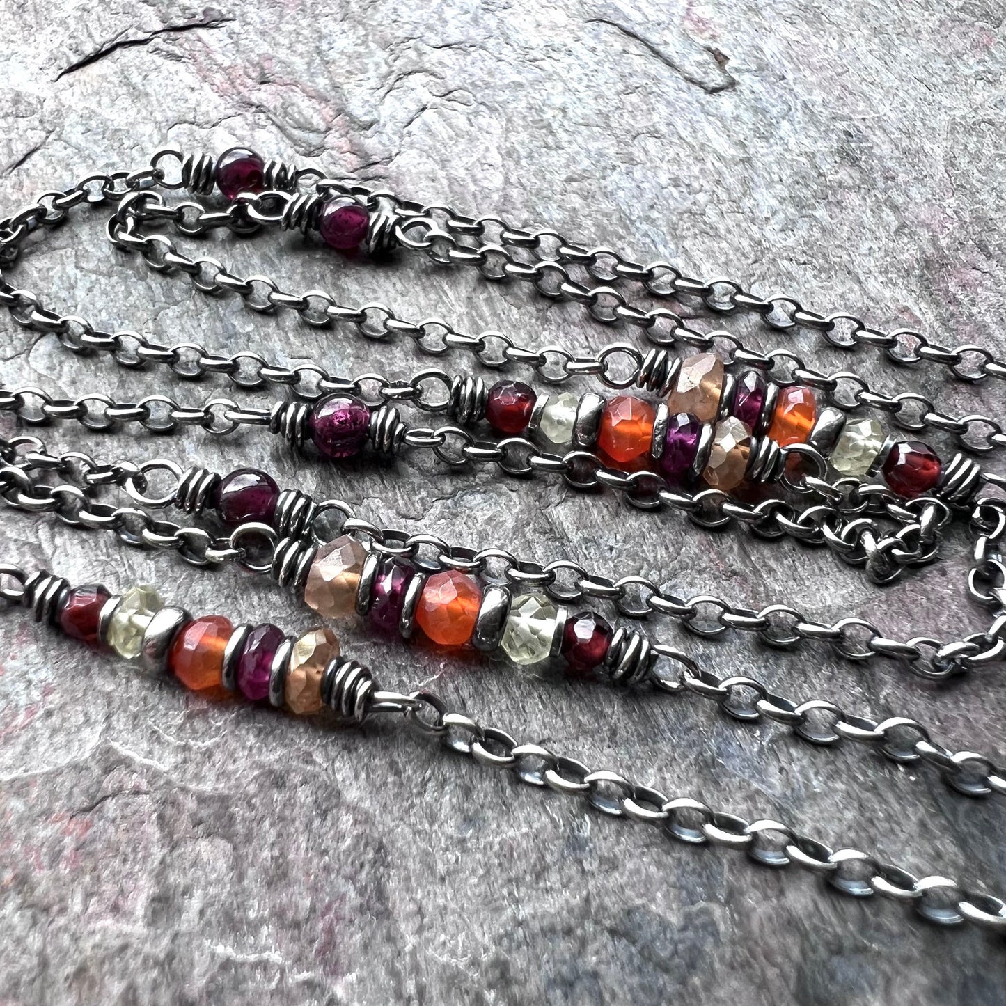 Garnet, Lemon Topaz, Carnelian, and Citrine Long Sterling Silver Necklace