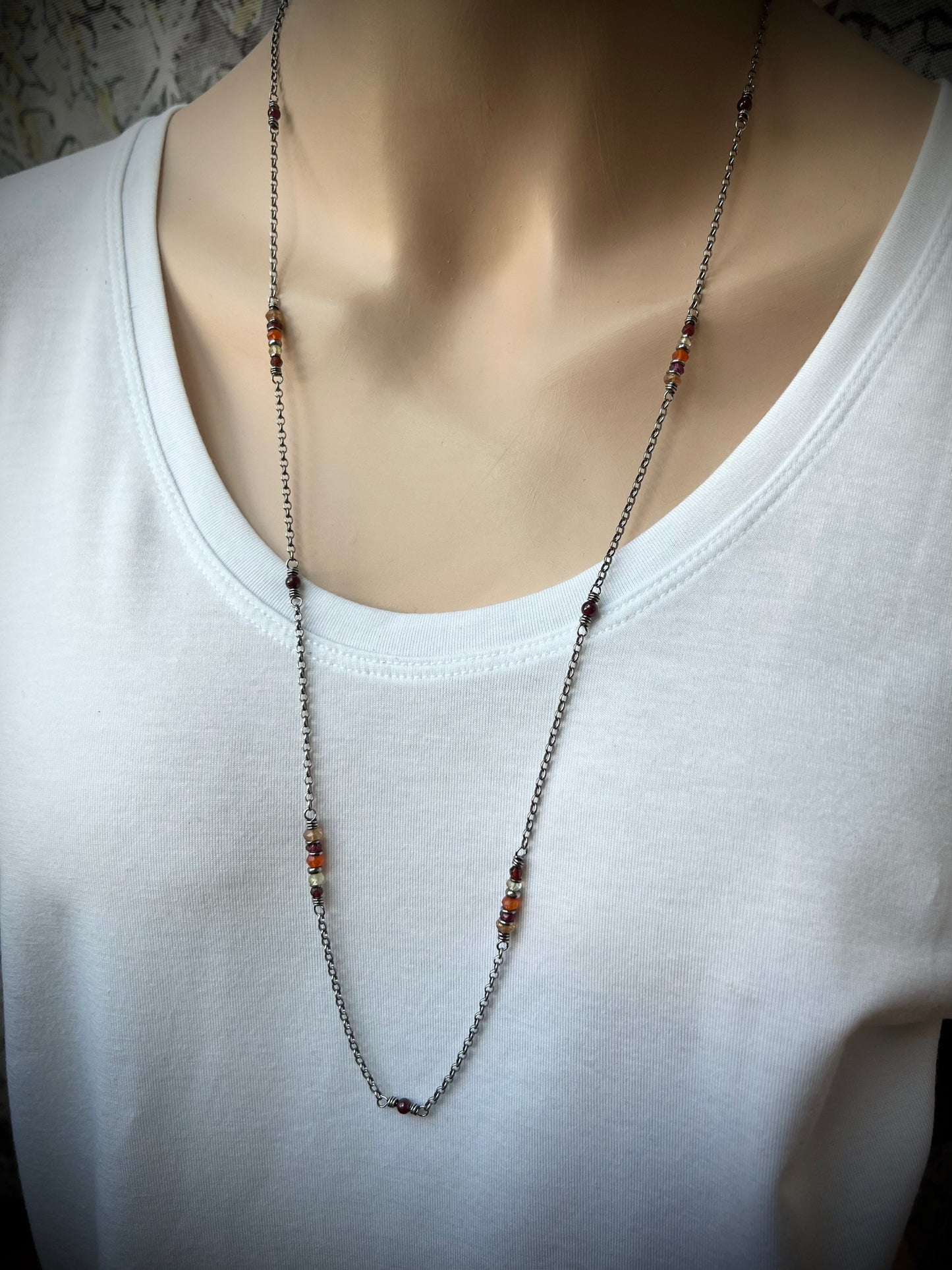 Garnet, Lemon Topaz, Carnelian, and Citrine Long Sterling Silver Necklace