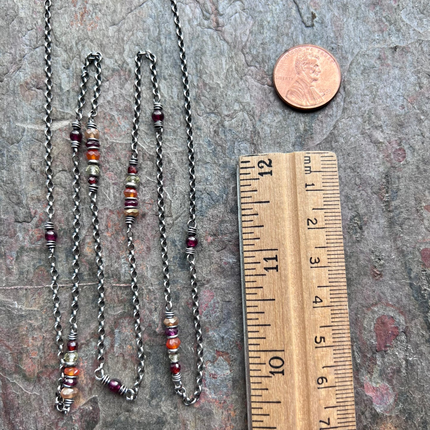 Garnet, Lemon Topaz, Carnelian, and Citrine Long Sterling Silver Necklace