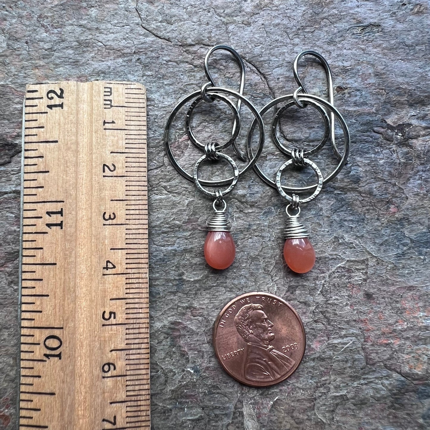 Peach Moonstone Sterling Silver Earrings - Peach Moonstone Teardrops and Hammered Circles on Sterling Silver Earwires