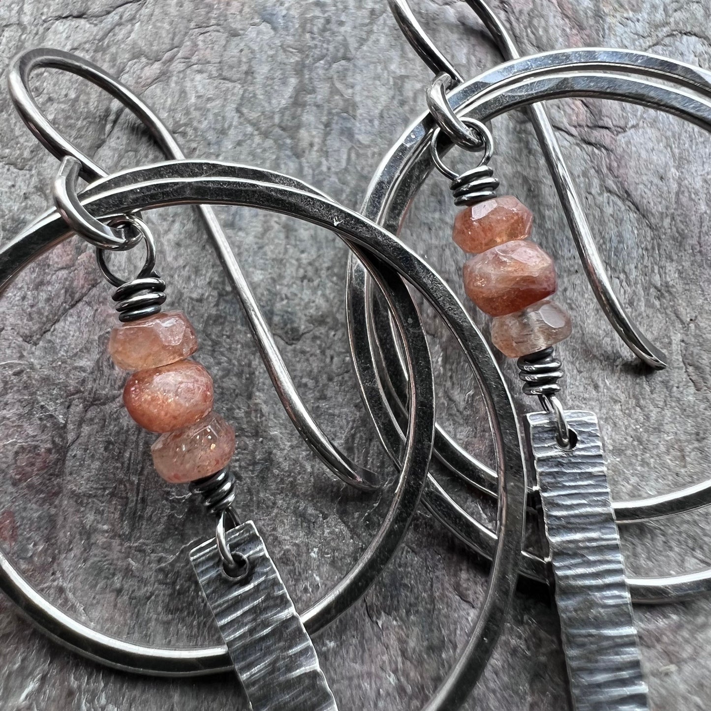 Sterling Silver Sunstone Earrings - Natural Stone Hammered Silver Hoop Earrings - Handmade Jewelry Gift for Her