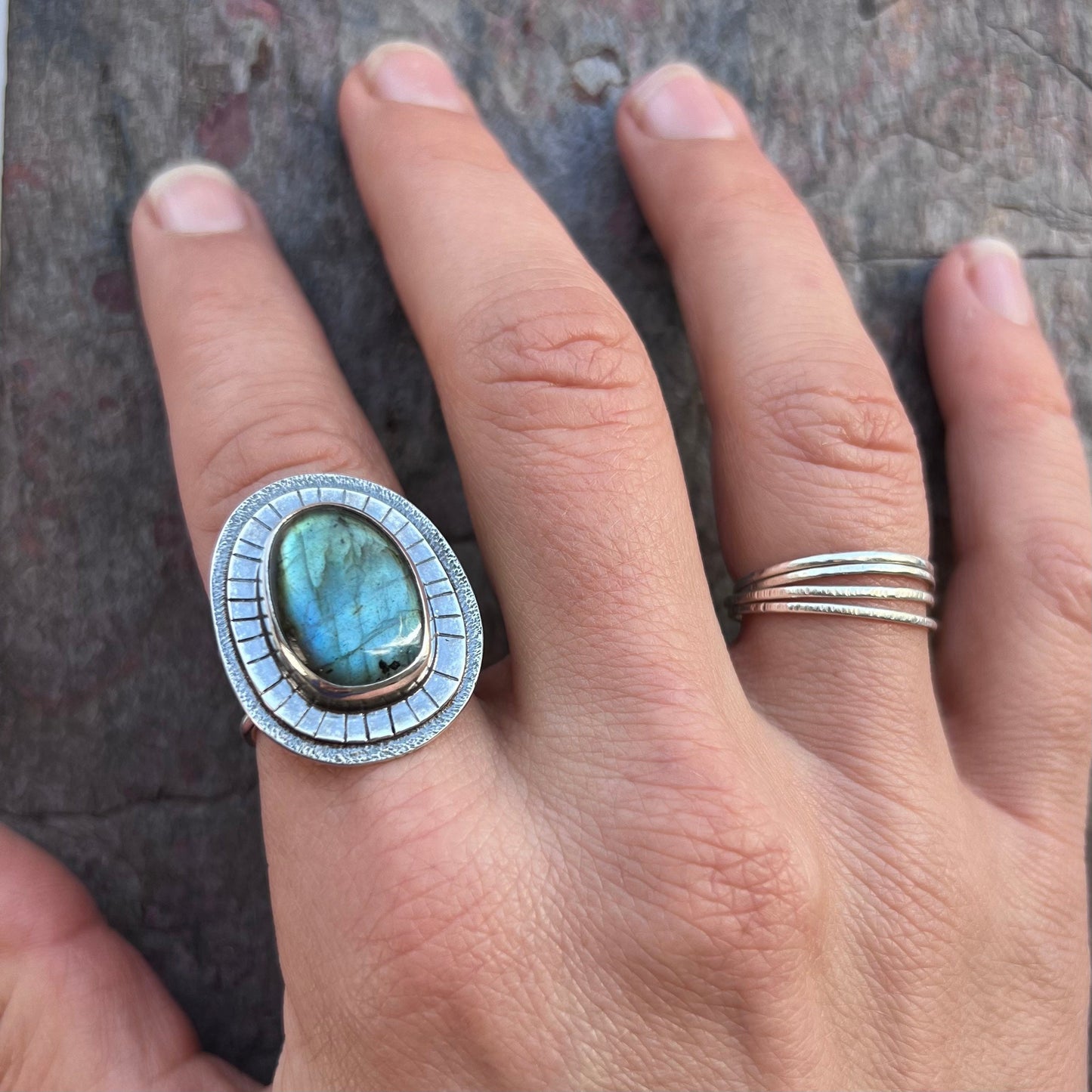 Labradorite Sterling Silver Ring - Handmade One-of-a-kind Labradorite Statement Ring on Hammered Silver Band - Size 10