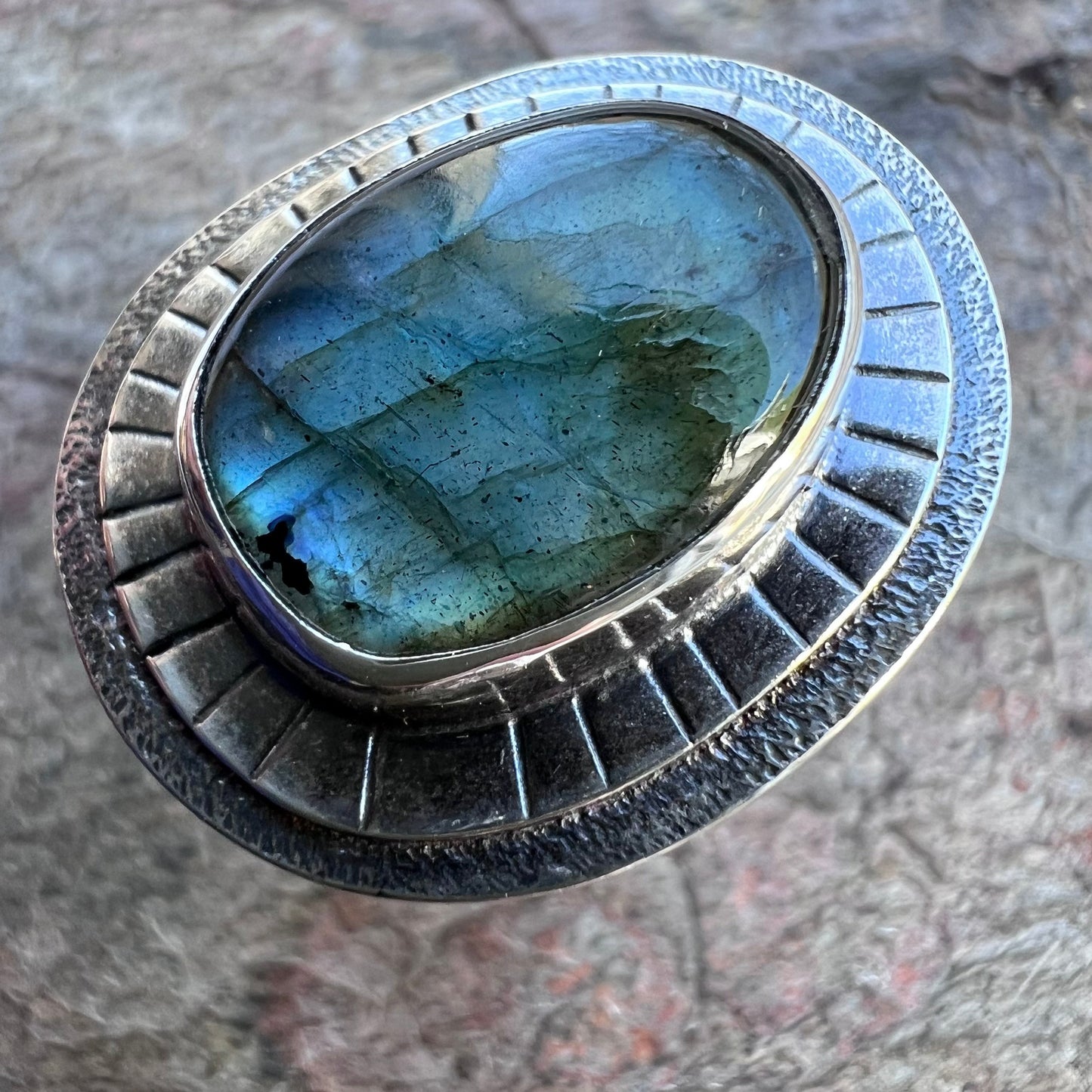 Labradorite Sterling Silver Ring - Handmade One-of-a-kind Labradorite Statement Ring on Hammered Silver Band - Size 10