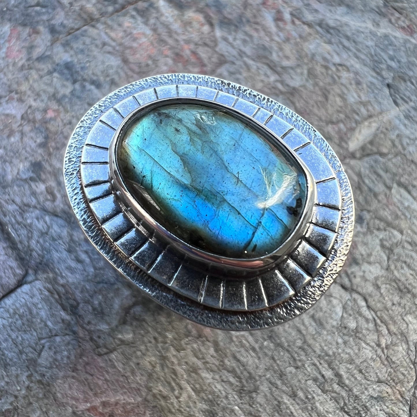 Labradorite Sterling Silver Ring - Handmade One-of-a-kind Labradorite Statement Ring on Hammered Silver Band - Size 10