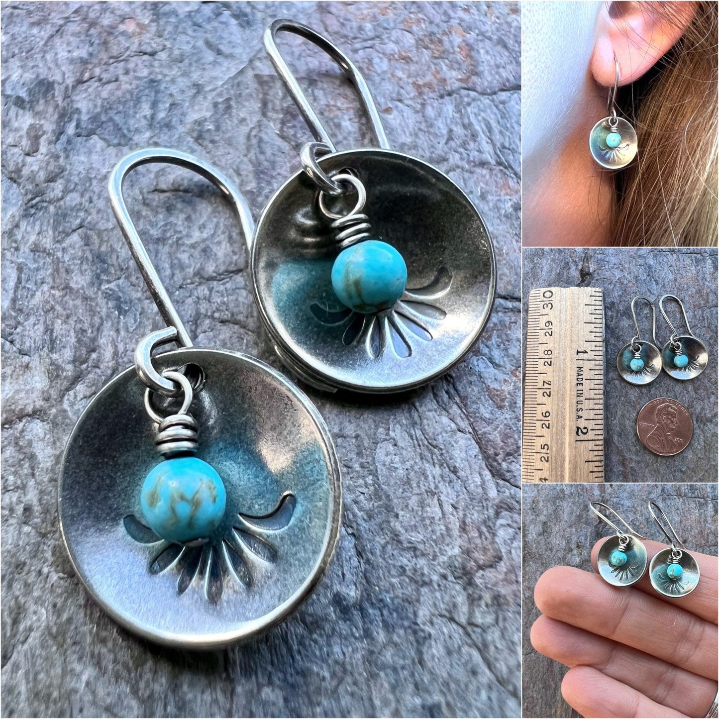 Turquoise Sterling Silver Earrings - Tiny Turquoise Beads in Stamped Sterling Silver Domed Circles