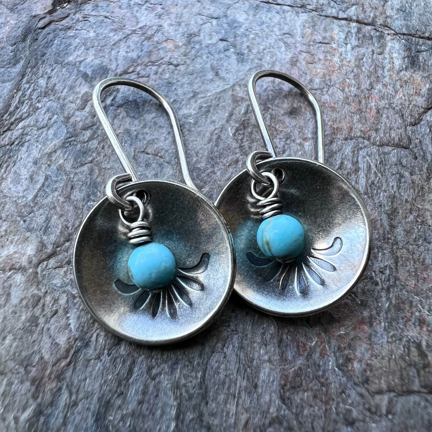 Turquoise Sterling Silver Earrings - Tiny Turquoise Beads in Stamped Sterling Silver Domed Circles
