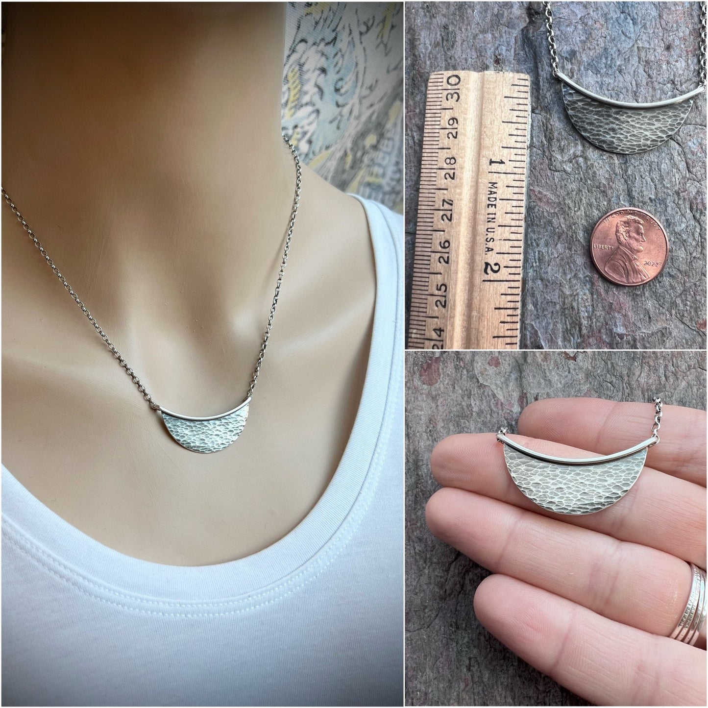 Sterling Silver Hammered Crescent Necklace - Handmade Sterling Silver Pendant on Sterling Silver Chain