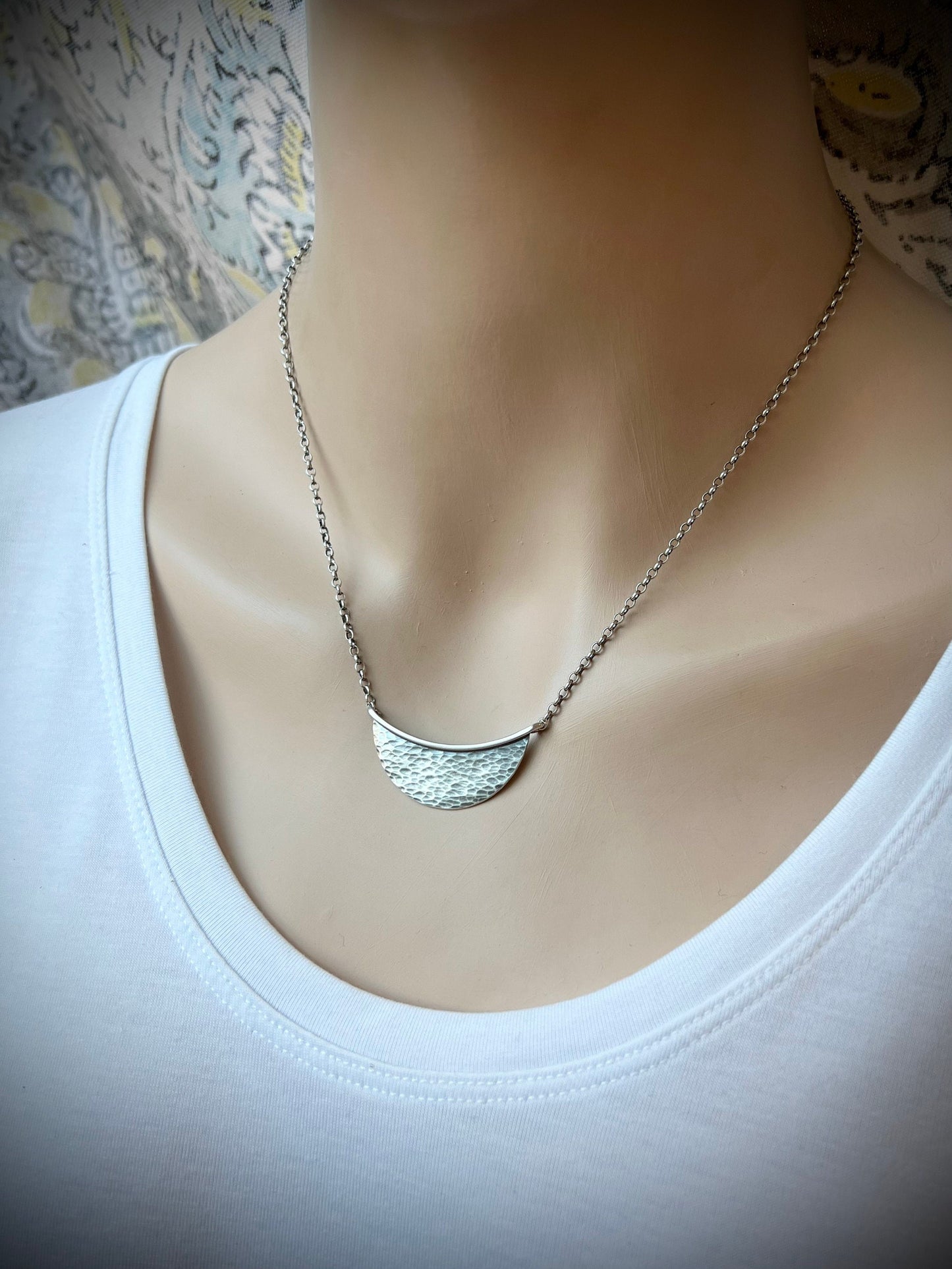 Sterling Silver Hammered Crescent Necklace - Handmade Sterling Silver Pendant on Sterling Silver Chain