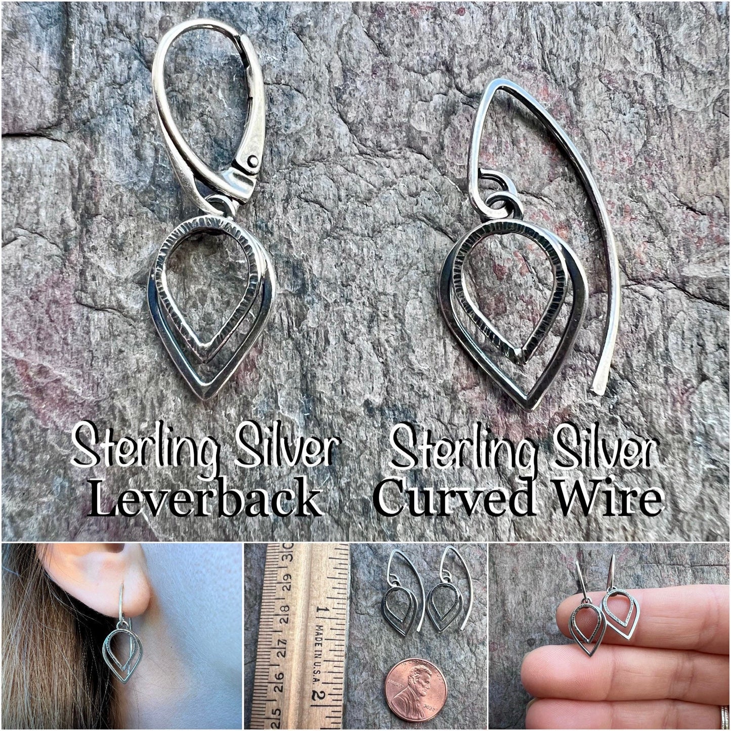 Sterling Silver Petal Earrings - Small Lightweight Everyday Dangle Earrings