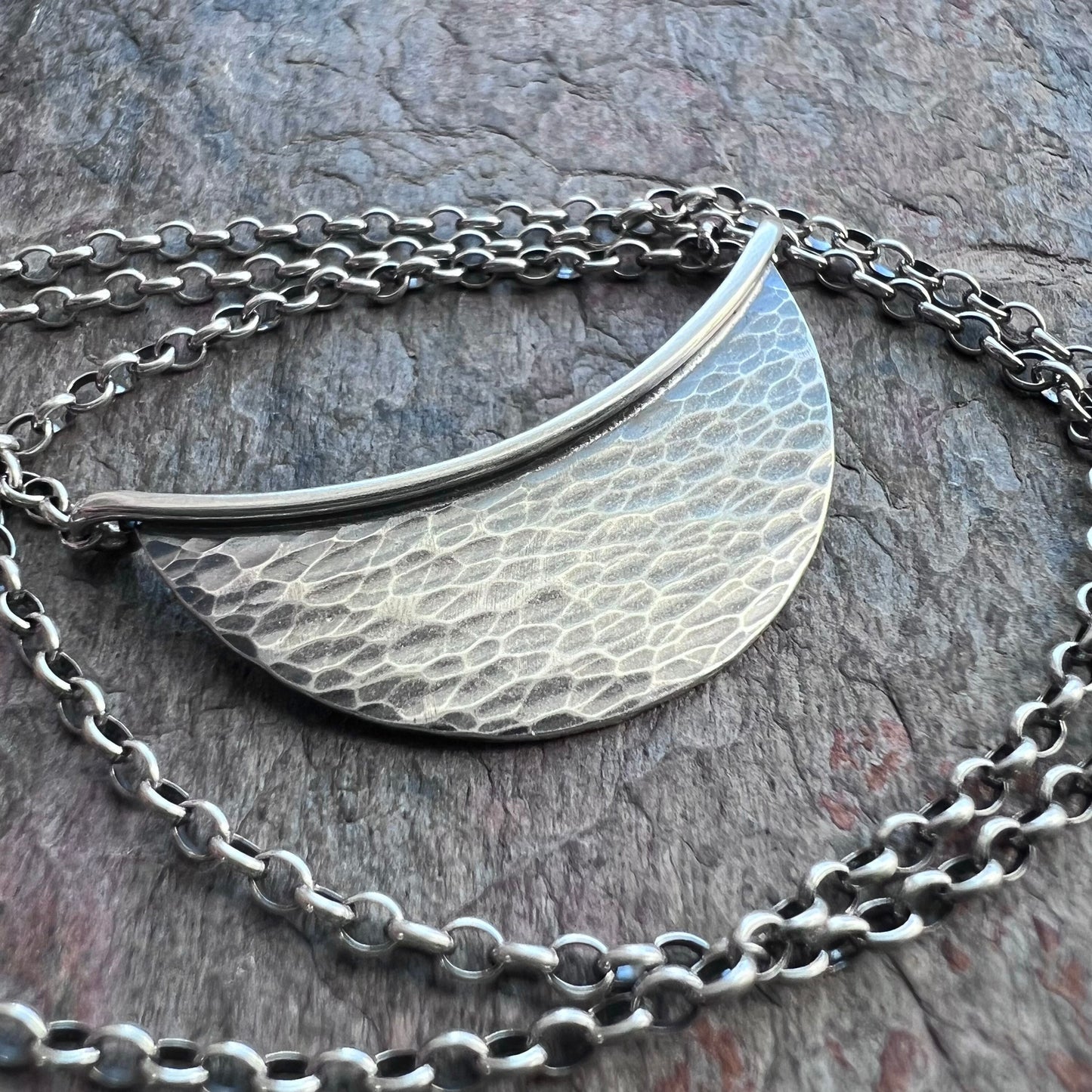 Sterling Silver Hammered Crescent Necklace - Handmade Sterling Silver Pendant on Sterling Silver Chain