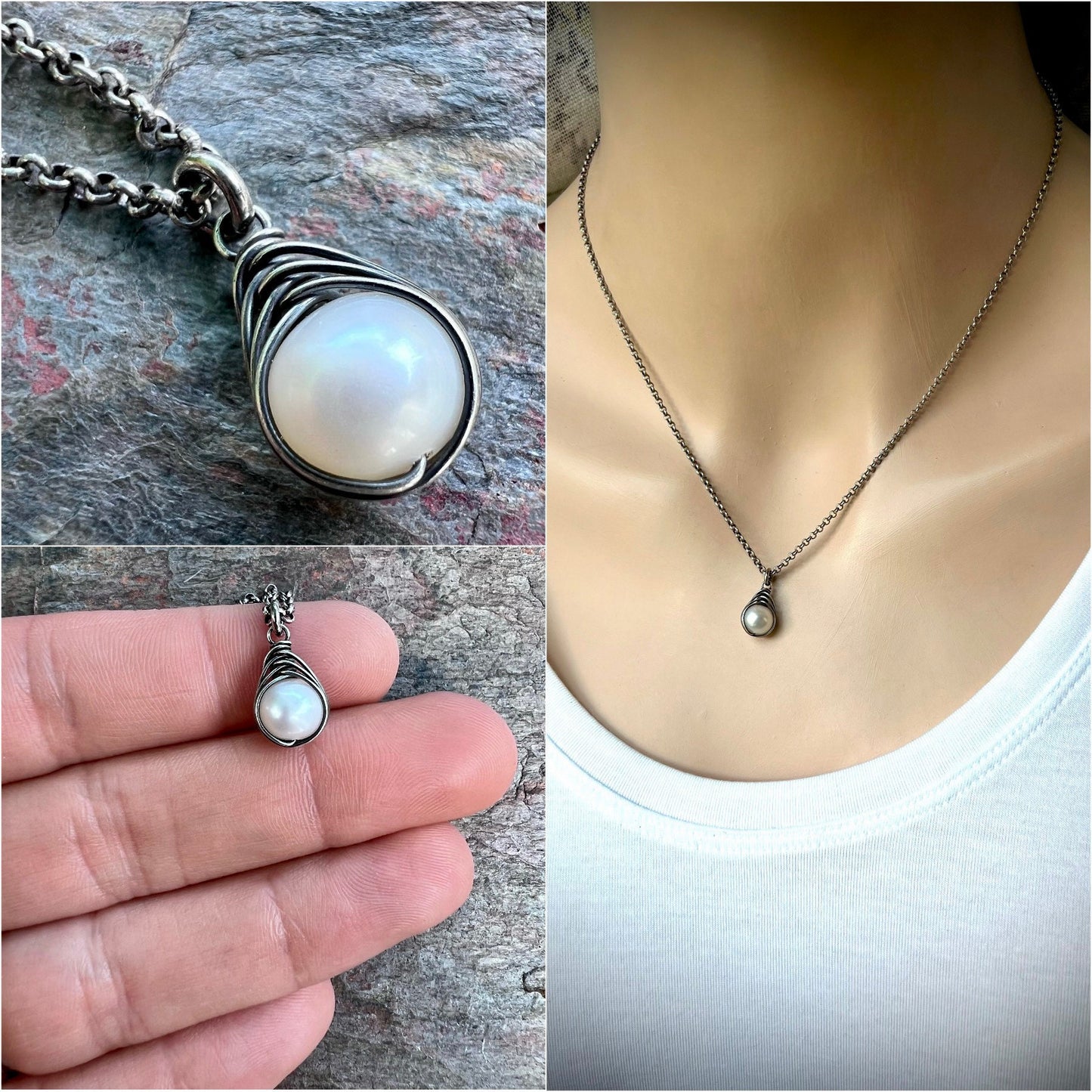 Sterling Silver Pearl Necklace - Genuine Freshwater Pearl Wire-Wrapped Pendant on Sterling Silver Chain