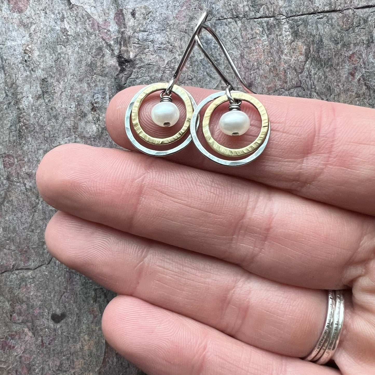 Sterling Silver Mixed Metal Pearl Earrings - Genuine Pearls in Hammered Silver and Brass Dangle Earrings