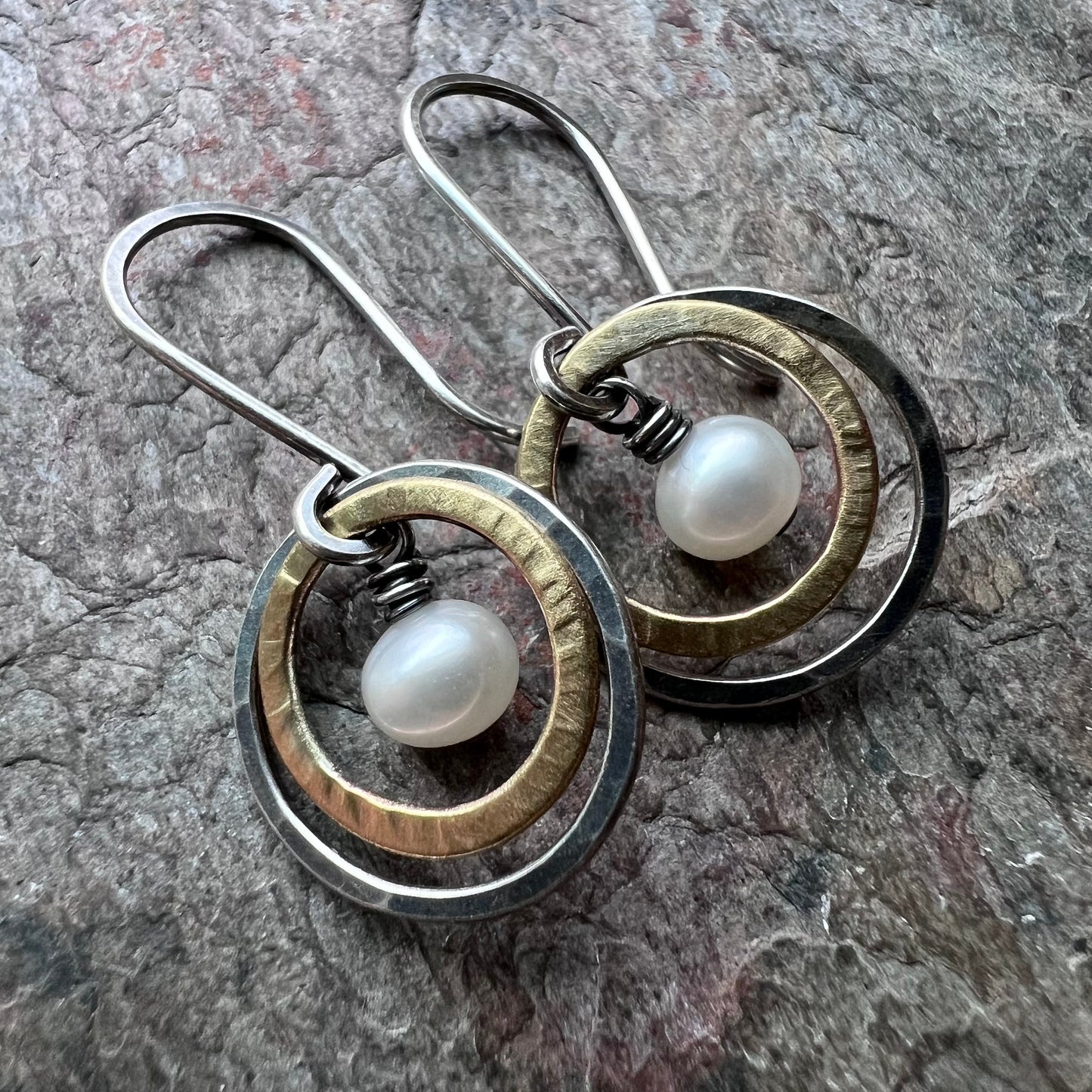 Sterling Silver Mixed Metal Pearl Earrings - Genuine Pearls in Hammered Silver and Brass Dangle Earrings