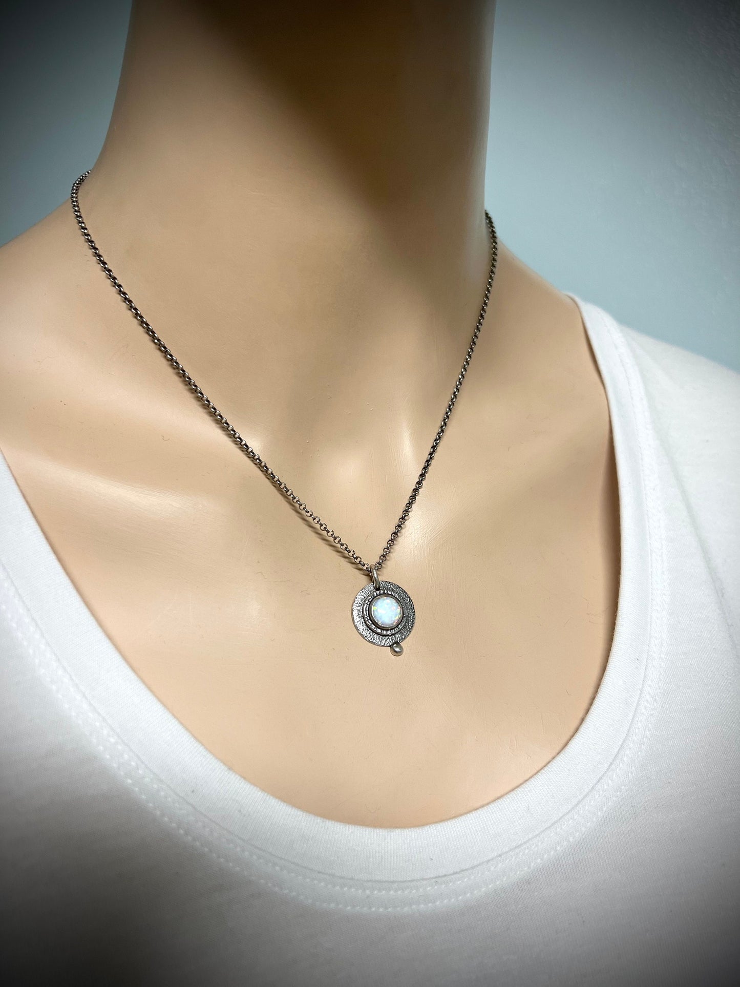 Sterling Silver Simulated Opal Necklace - Handmade Pendant on Sterling Silver Chain
