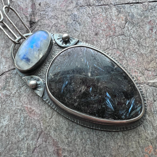 Rainbow Moonstone and Pietersite Sterling Silver Necklace - Handmade One-of-a-kind Pendant on Sterling Silver Chain