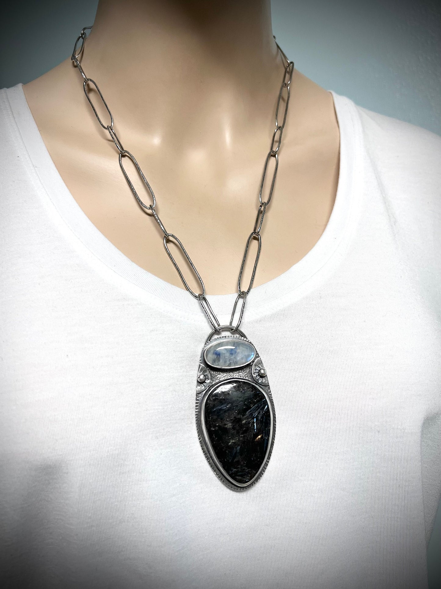 Rainbow Moonstone and Pietersite Sterling Silver Necklace - Handmade One-of-a-kind Pendant on Sterling Silver Chain