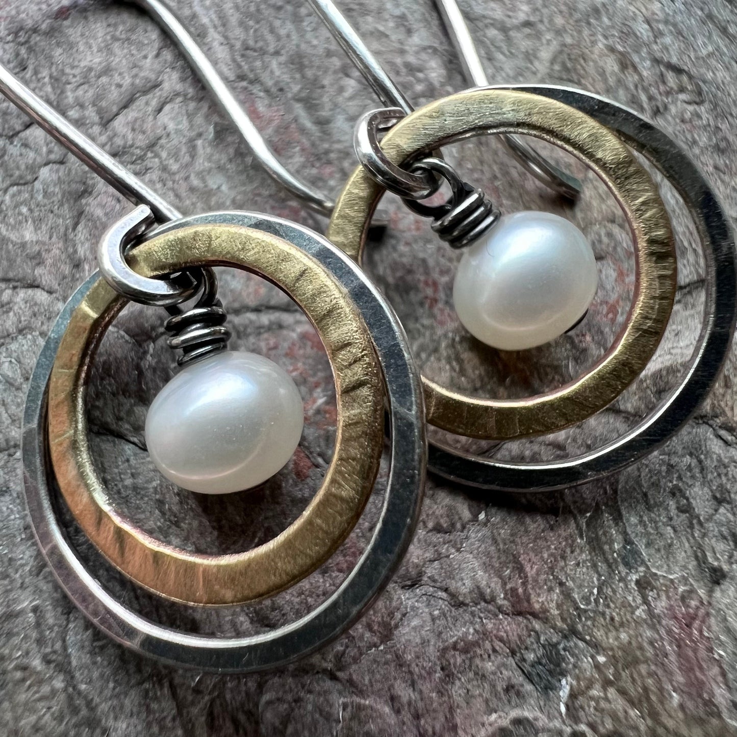 Sterling Silver Mixed Metal Pearl Earrings - Genuine Pearls in Hammered Silver and Brass Dangle Earrings