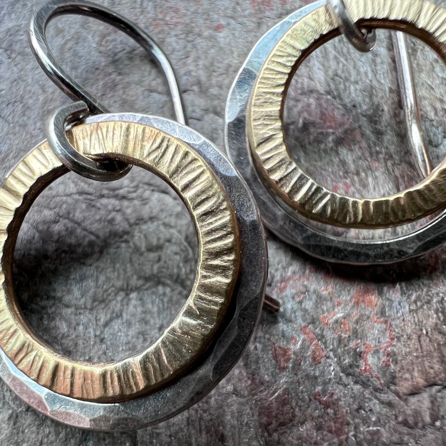Sterling Silver Mixed Metal Earrings - Hammered Sterling Silver and Brass Earrings