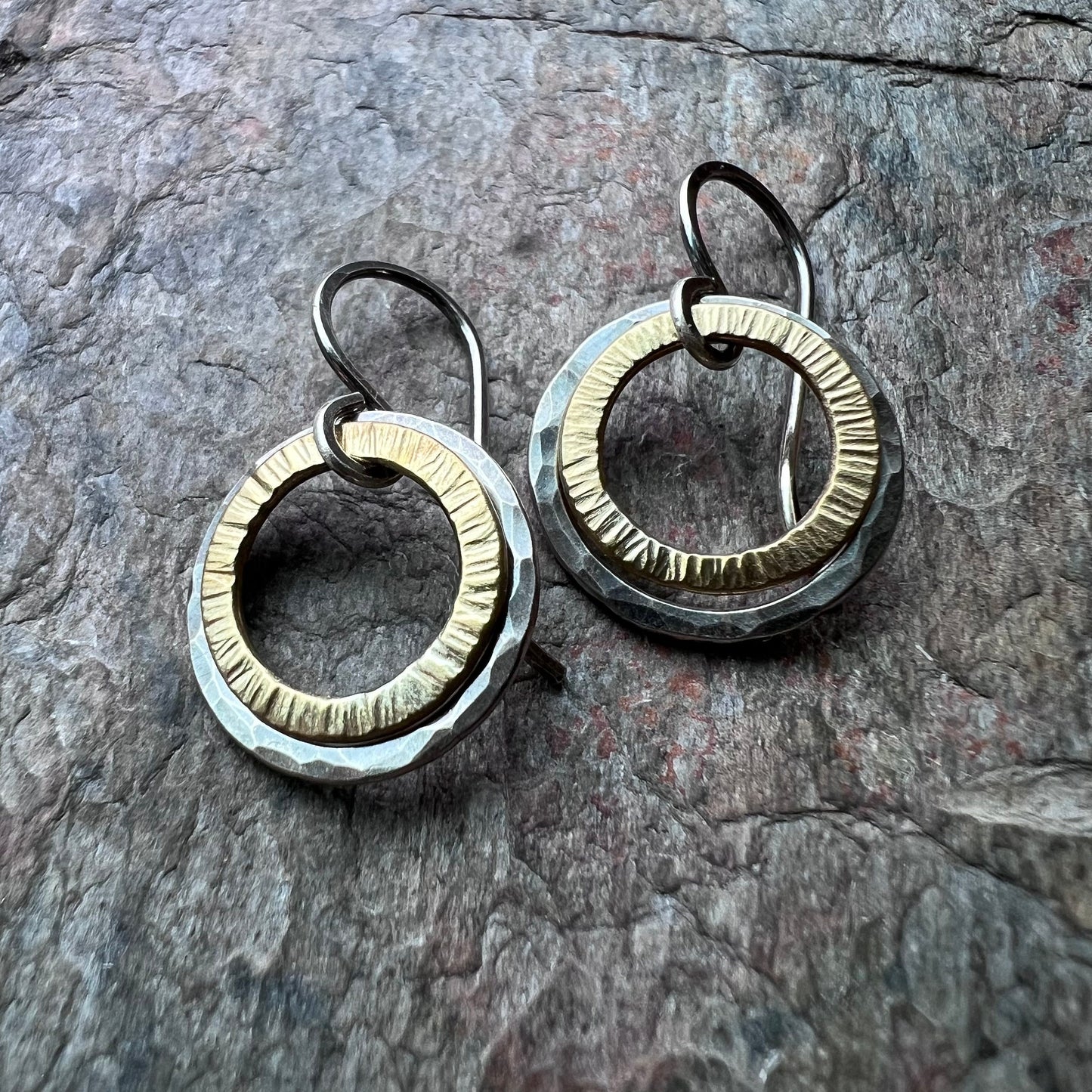 Sterling Silver Mixed Metal Earrings - Hammered Sterling Silver and Brass Earrings