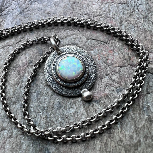 Sterling Silver Opal Necklace - Handmade Simulated Opal Pendant on Sterling Silver Chain