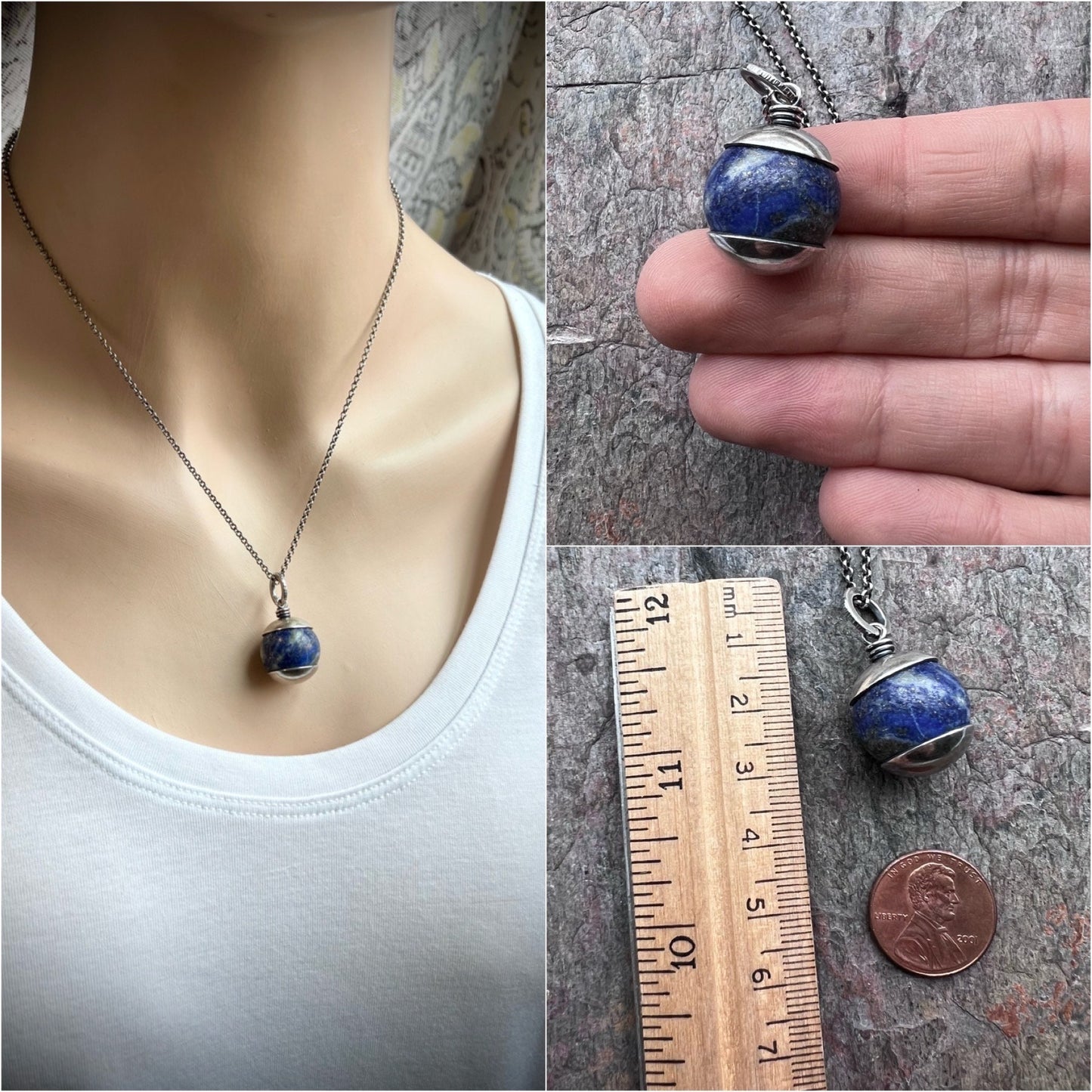 Lapis Lazuli Sterling Silver Necklace - Handmade Pendant on Sterling Silver Chain