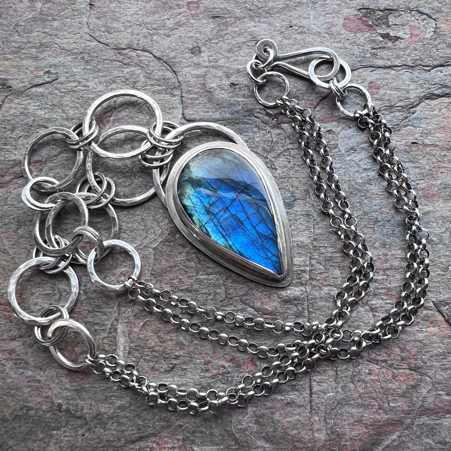 Labradorite Sterling Silver Necklace - Handmade One-of-a-kind Pendant on Hammered Ring Chain