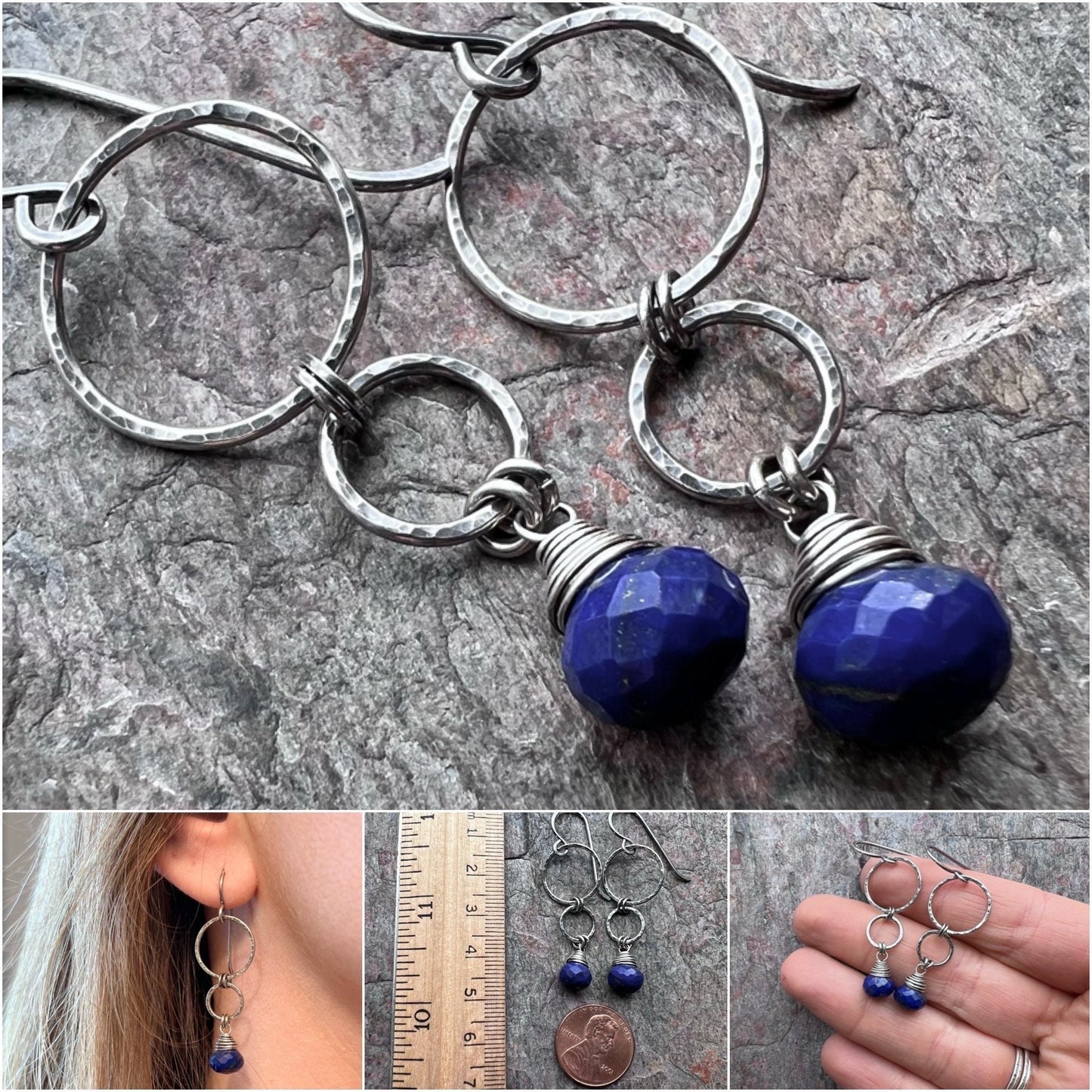 Lapis Lazuli Sterling Silver Earrings - Genuine Lapis Lazuli on Hammered Sterling Silver Circles