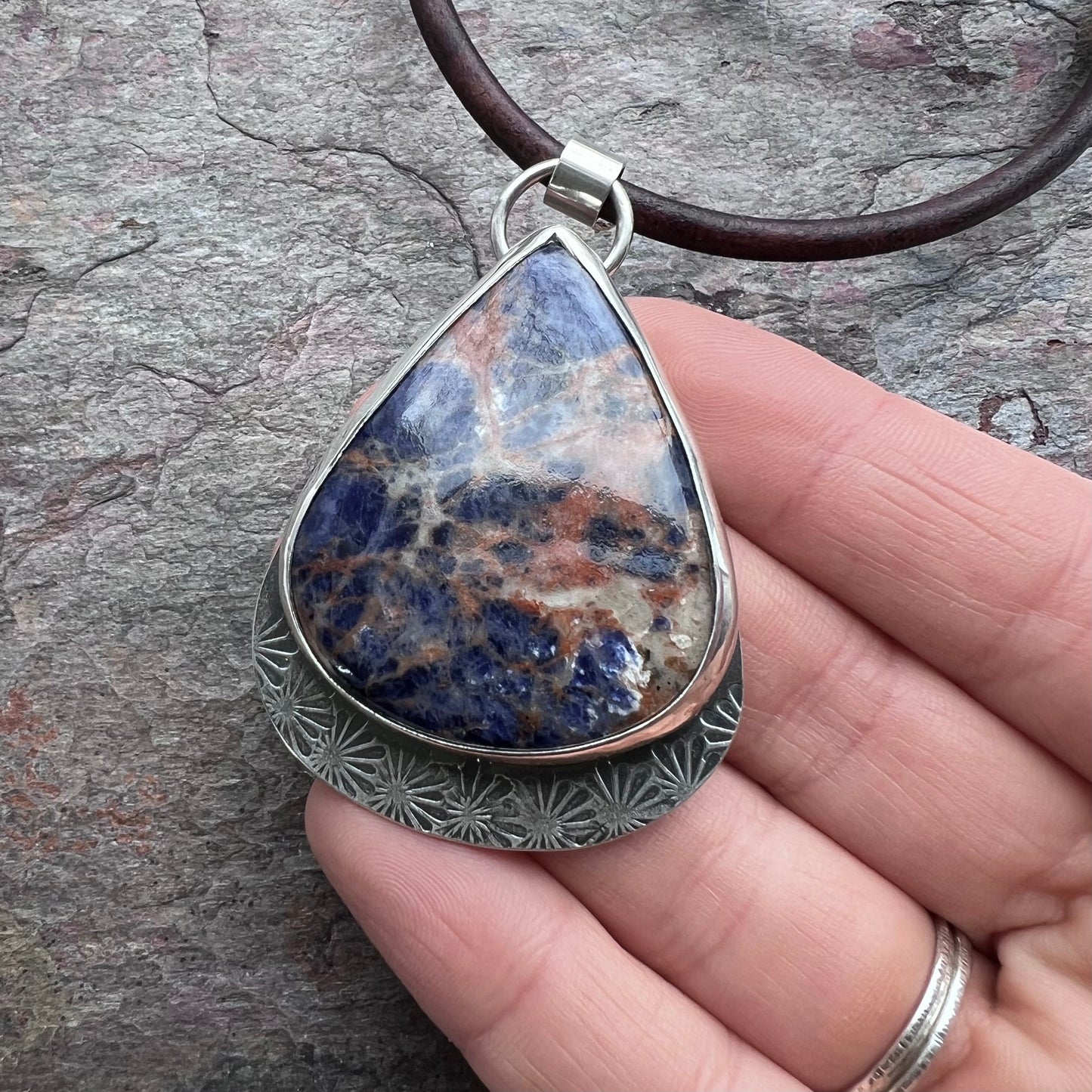 Large Sodalite and Sterling Silver Pendant Necklace - Handmade One-of-a-Kind Teardrop Pendant on Genuine Leather