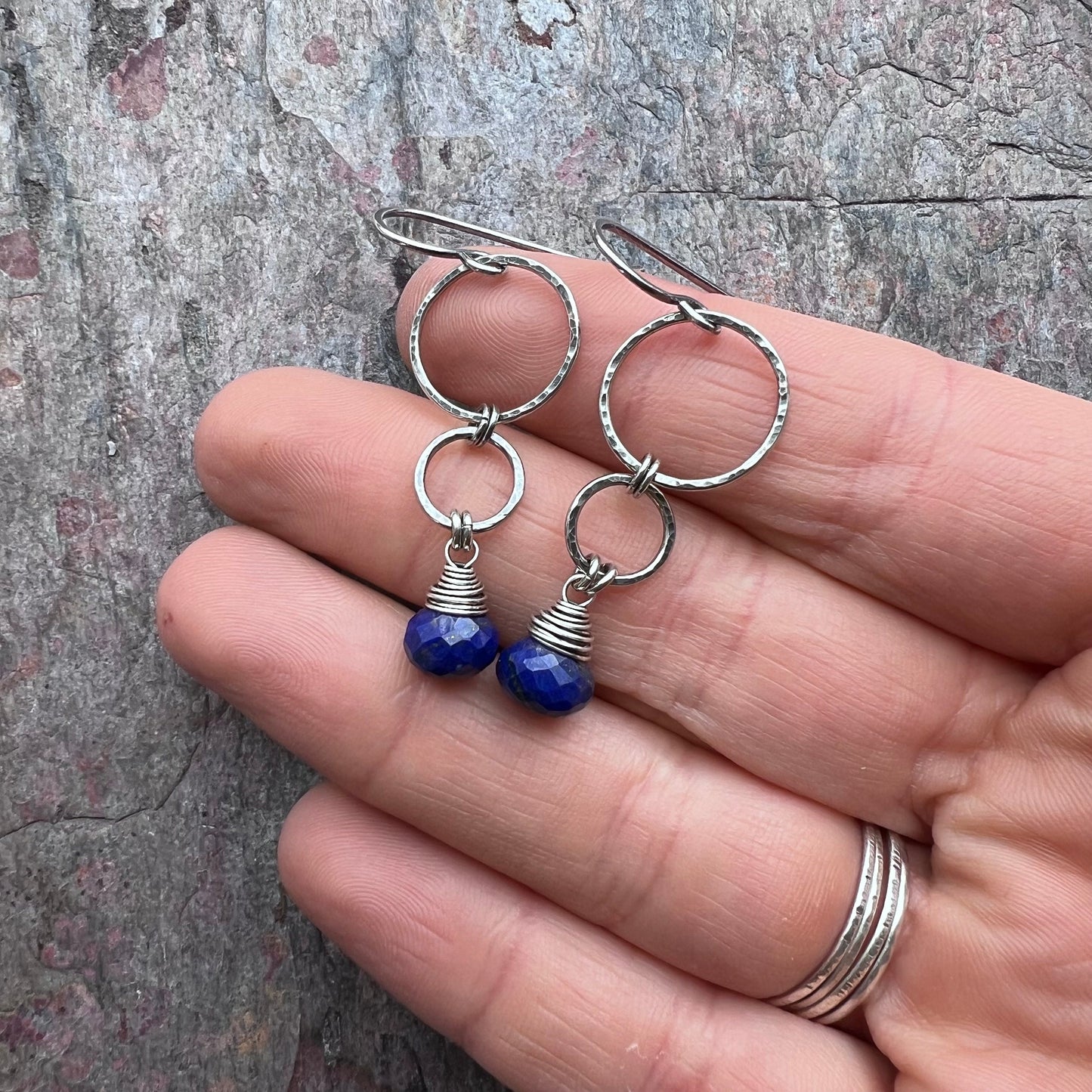 Lapis Lazuli Sterling Silver Earrings - Genuine Lapis Lazuli on Hammered Sterling Silver Circles