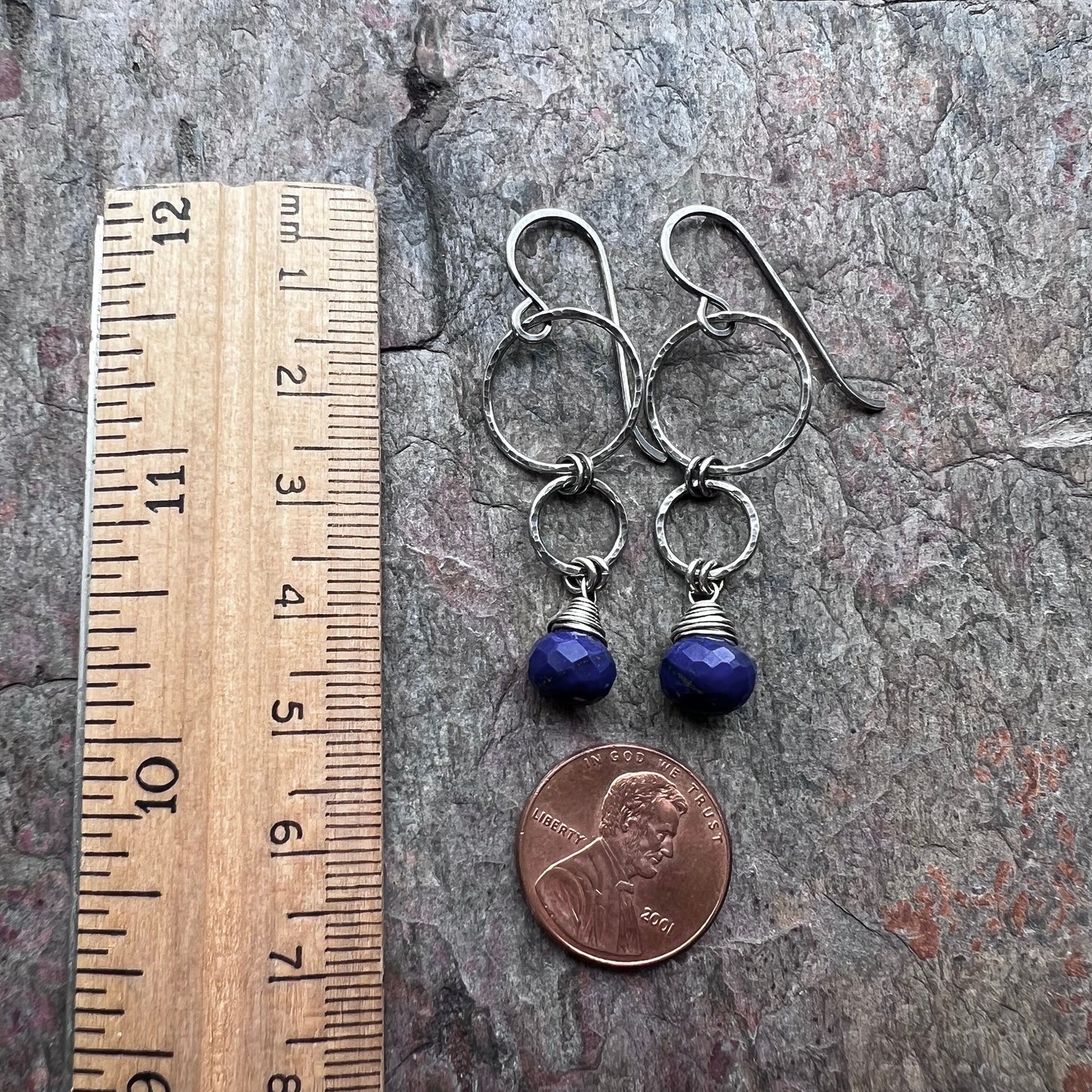 Lapis Lazuli Sterling Silver Earrings - Genuine Lapis Lazuli on Hammered Sterling Silver Circles