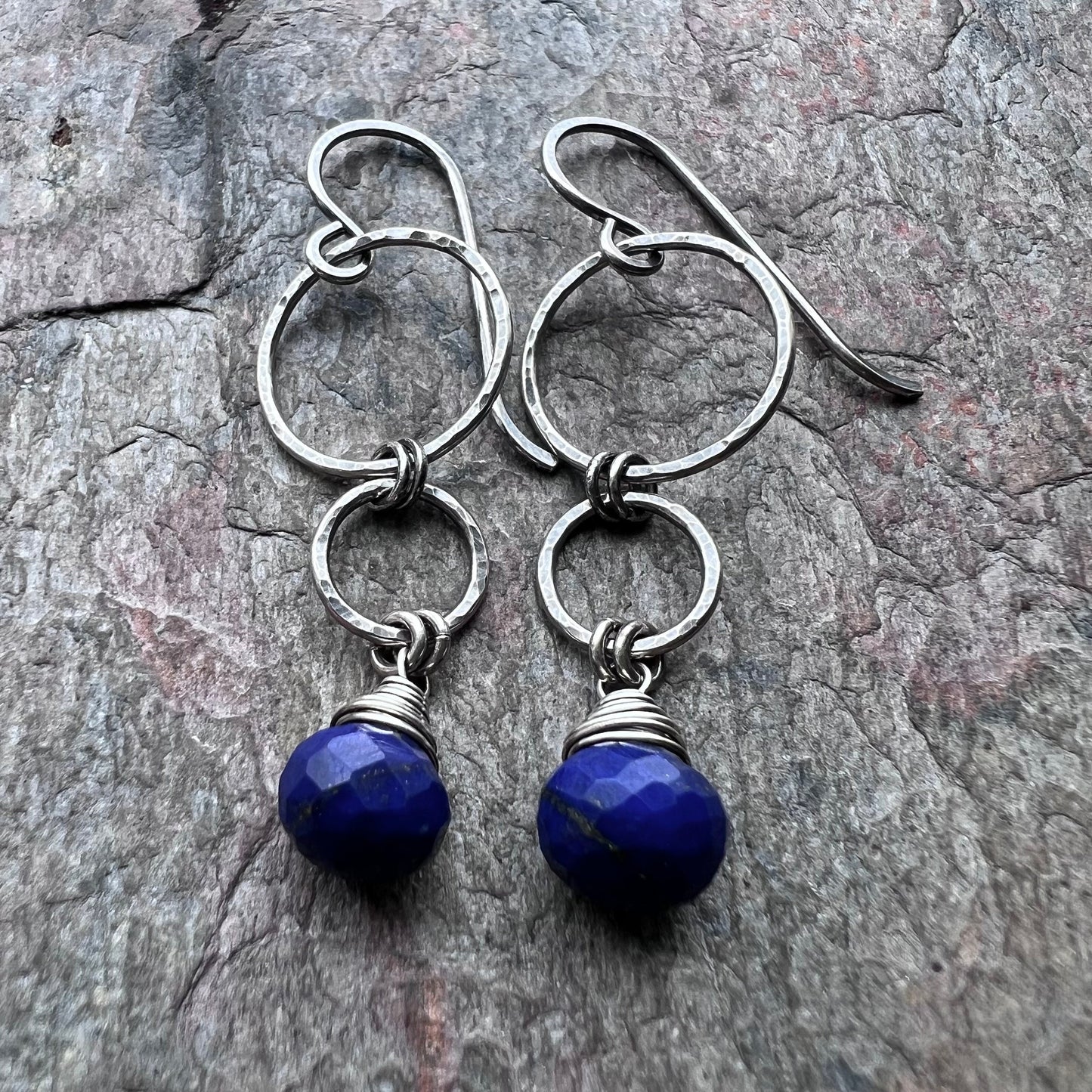 Lapis Lazuli Sterling Silver Earrings - Genuine Lapis Lazuli on Hammered Sterling Silver Circles